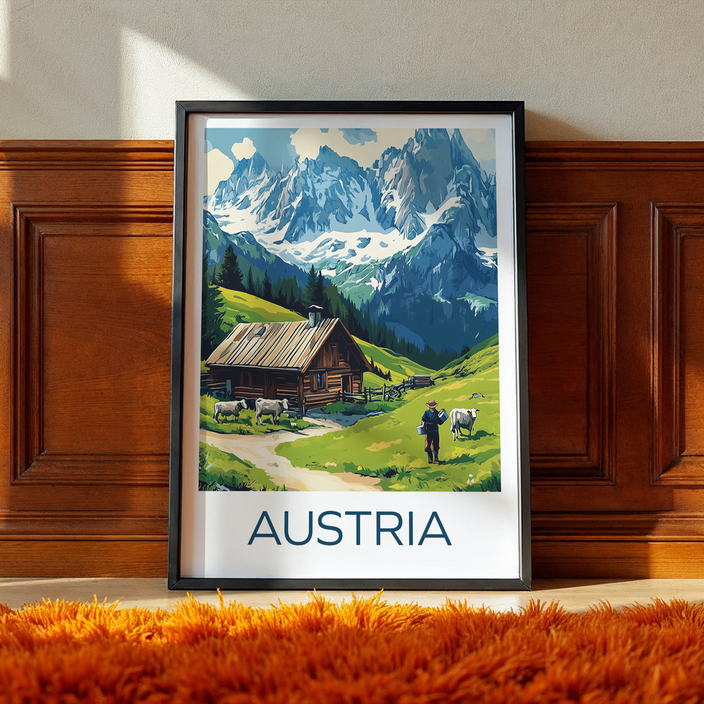 Austria Alps Travel Poster – Alpine Cabin & Mountain Landscape Illustration with Cows