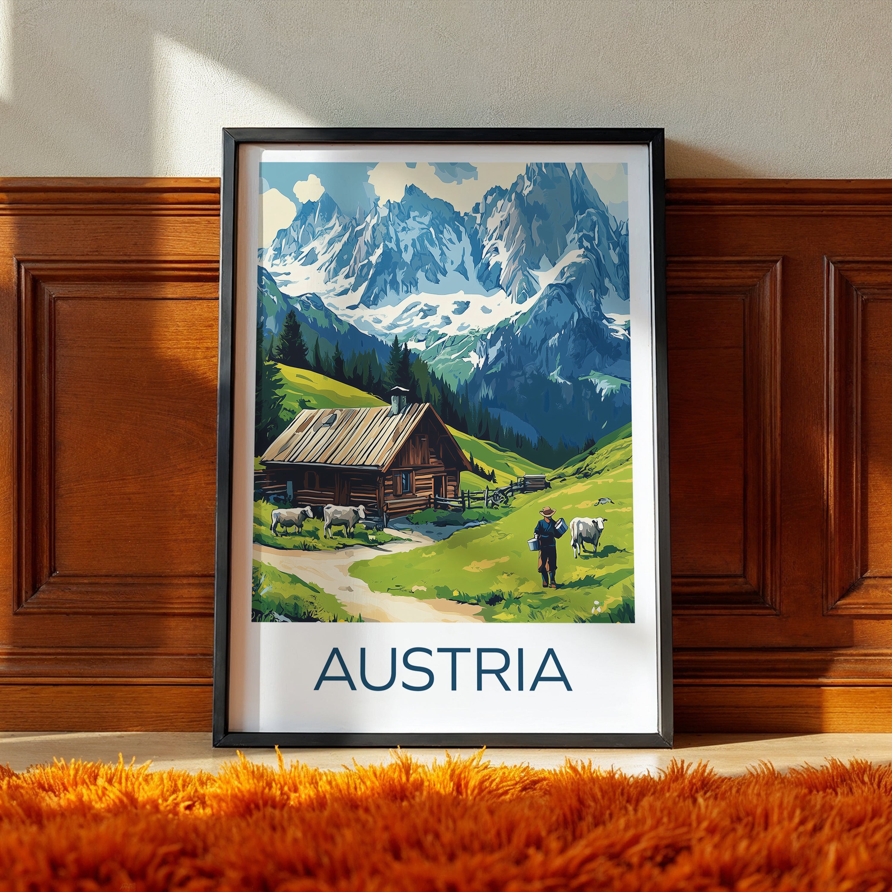 Austria Alps Travel Poster – Alpine Cabin & Mountain Landscape Illustration with Cows