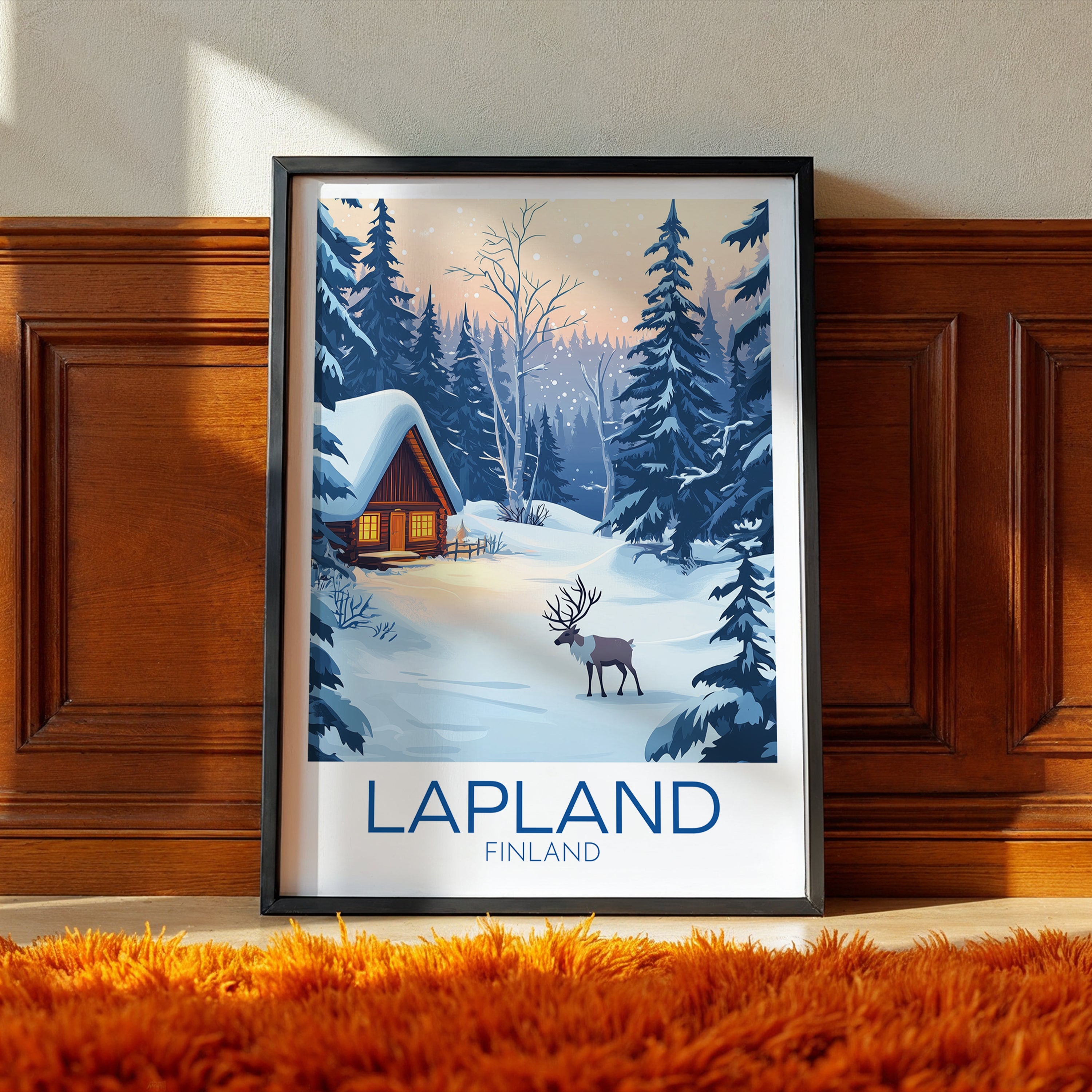 Lapland Travel Poster: Nordic Winter Cabin Illustration Art