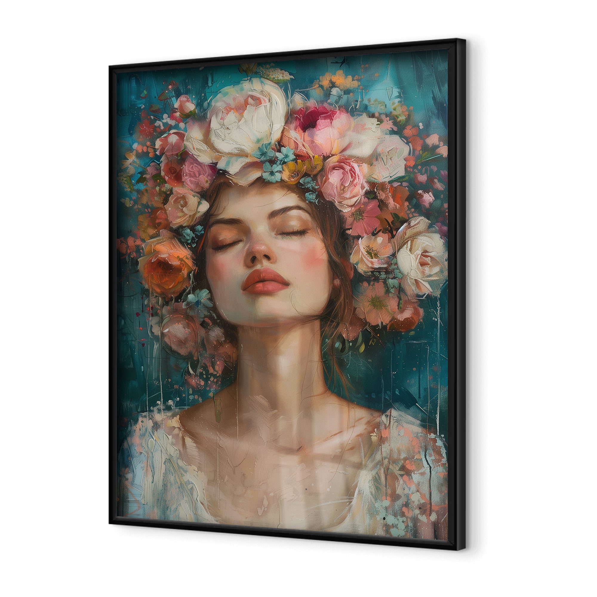 Floral wall art featuring a serene woman with a pink flower crown and a dreamy background