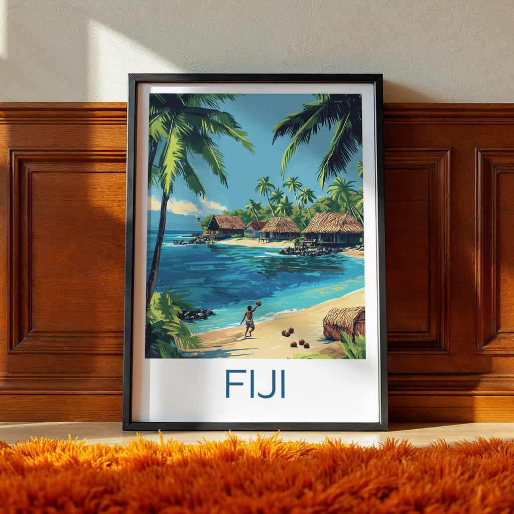 Fiji Travel Poster: Tropical Island Village Illustration Art