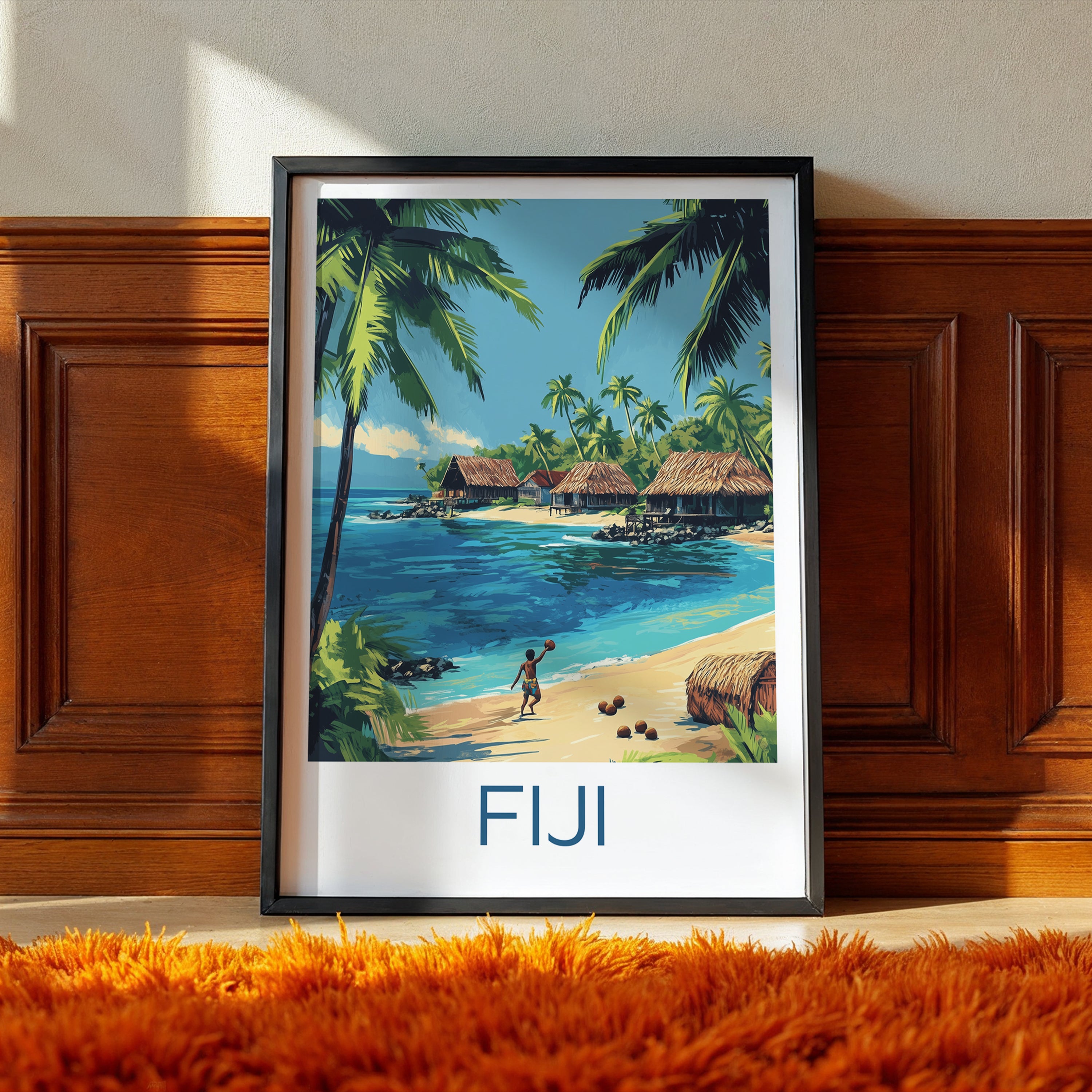 Fiji Travel Poster: Tropical Island Village Illustration Art