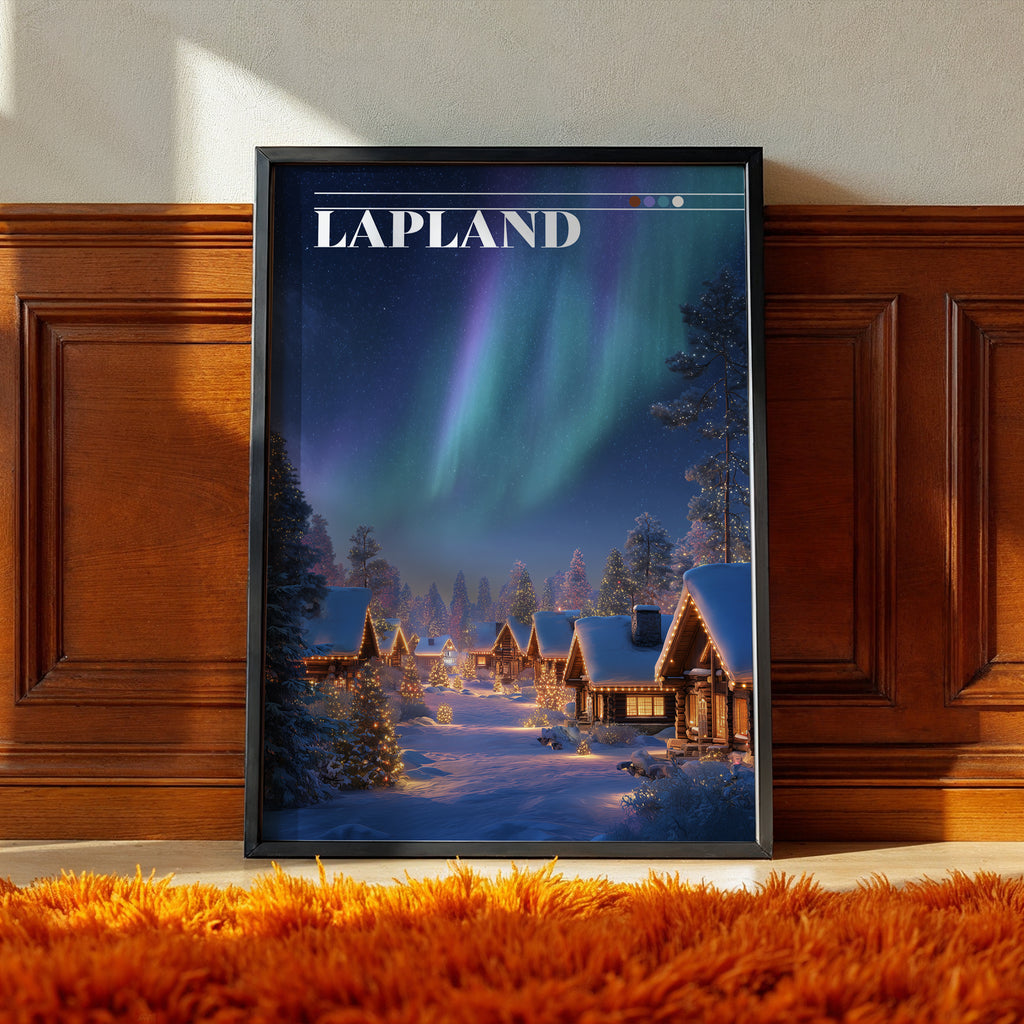 Lapland Northern Lights Travel Print: Santa Claus Village Winter Cabin Art