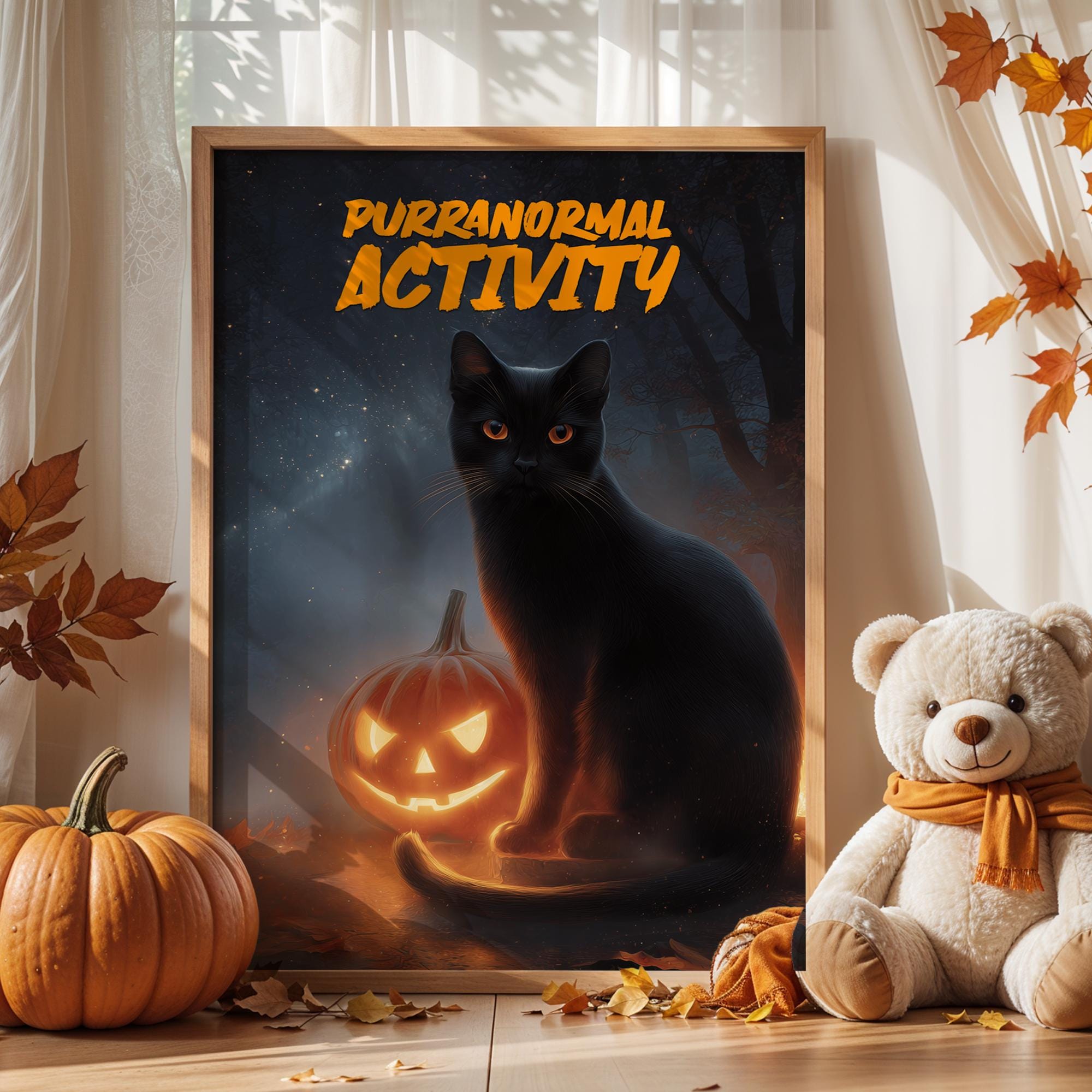 Black Cat Halloween Poster – Funny Purranormal Activity Wall Art with Pumpkin Lantern
