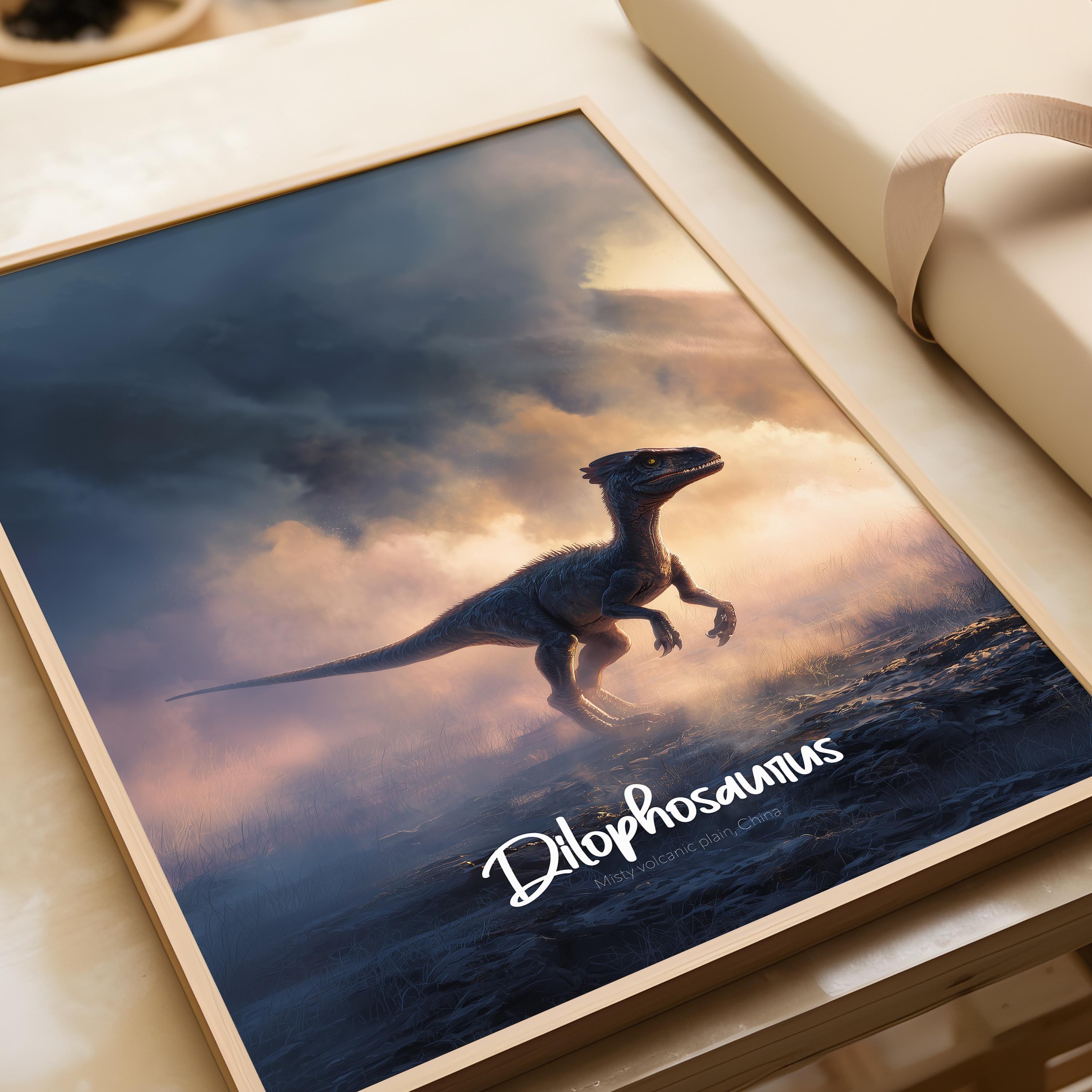 Dilophosaurus Framed Poster: Prehistoric Dinosaur Wall Art for Kids