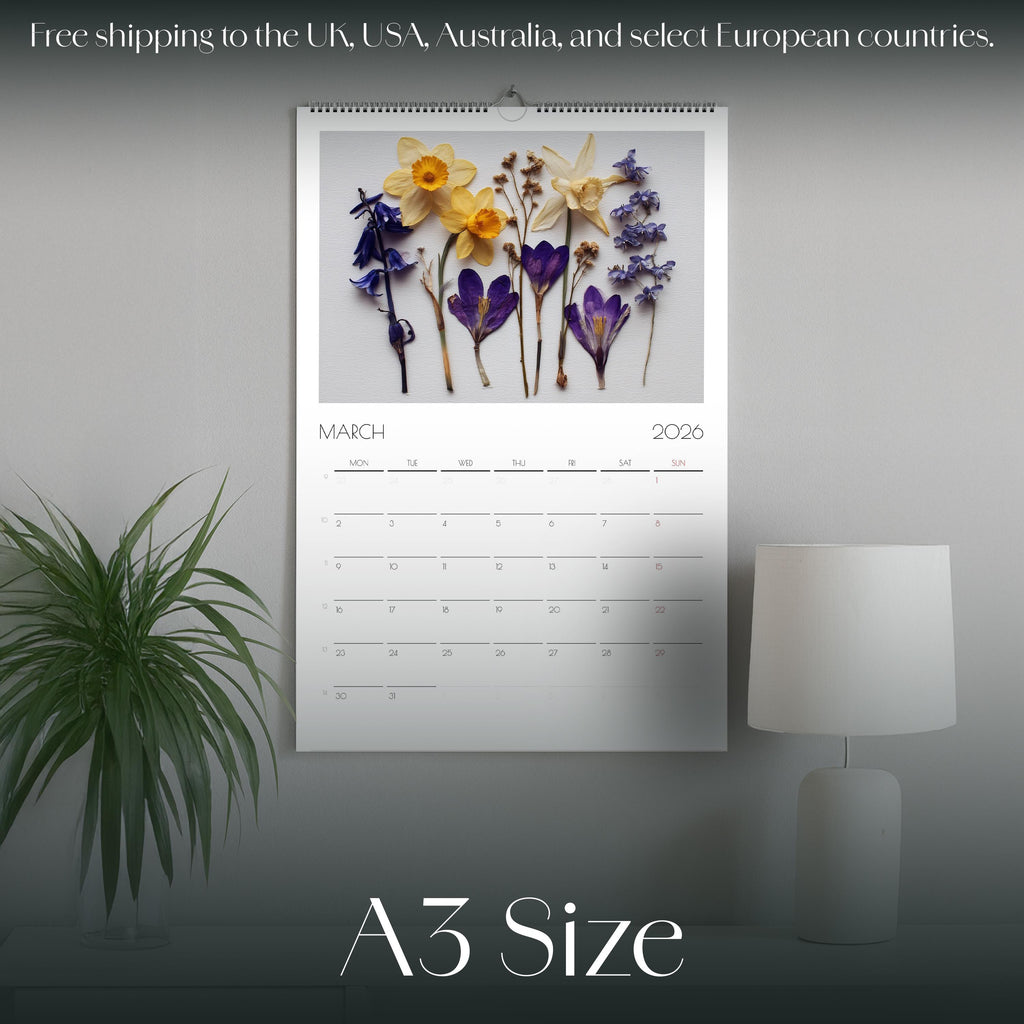 2026 Pressed Flower Wall Calendar A3: Botanical Art Print