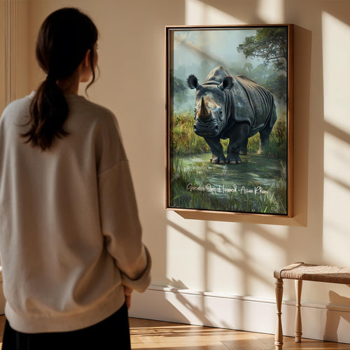Asian Rhino Wall Art – Greater One-horned Rhino Illustration, Nature-Inspired Decor, Gift for Wildlife Lovers