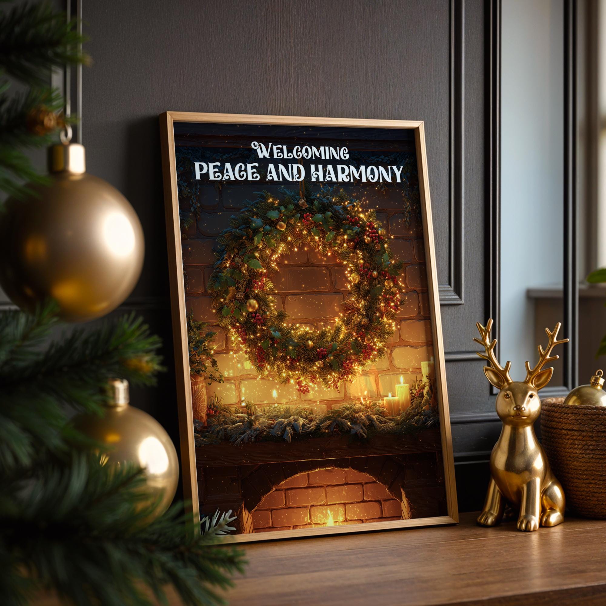 Christmas Wreath Fireplace Poster – Warm Holiday Wall Art with Peace & Harmony Message