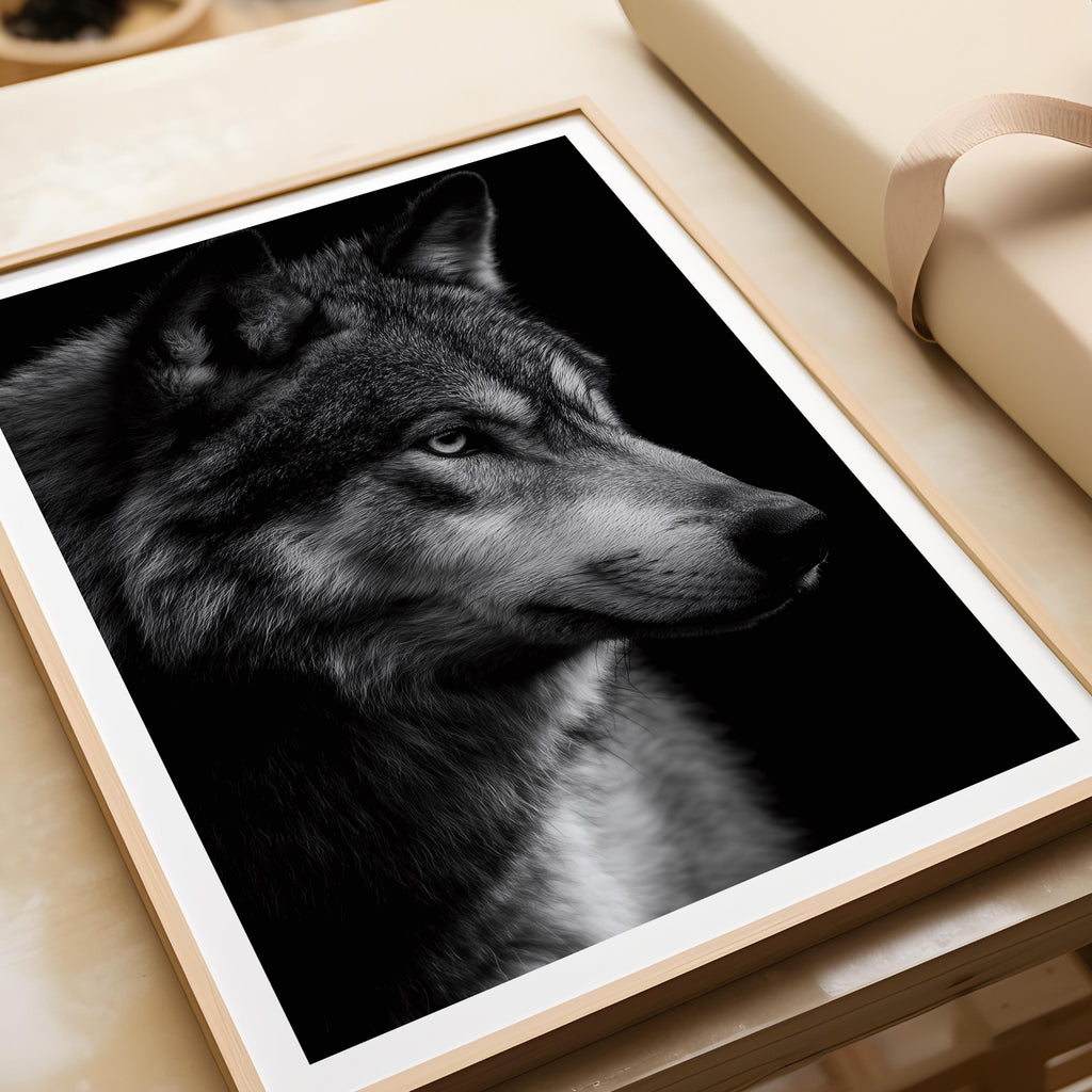 Black and White Wolf Print: Majestic Wildlife Poster