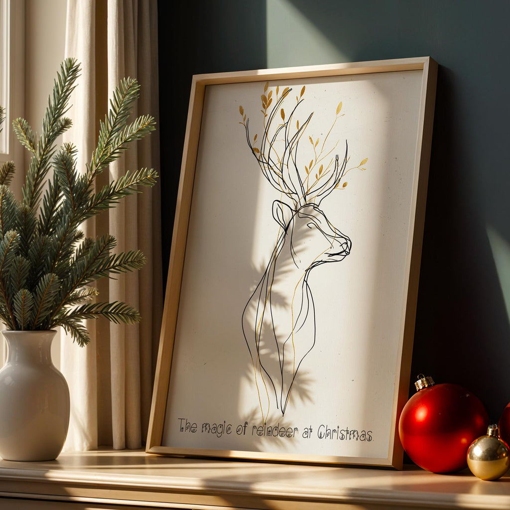 Minimalist Reindeer Christmas Poster – Elegant Black & Gold Holiday Wall Art