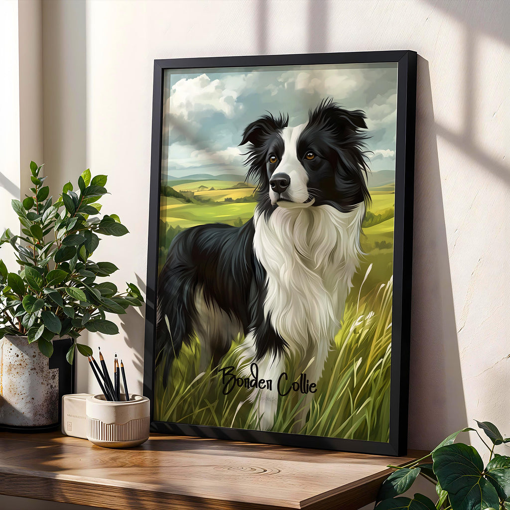 Framed Border Collie Print: Rustic Farmhouse Dog Wall Art