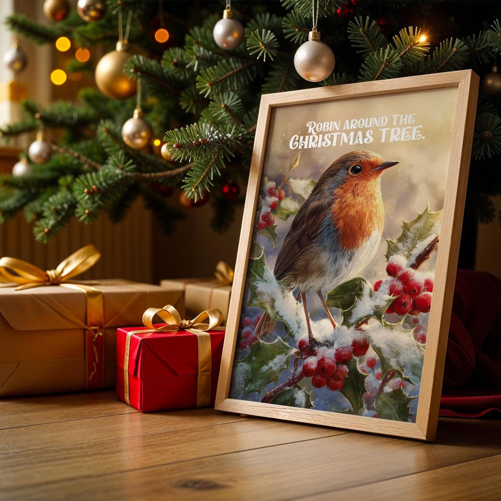 Robin Christmas Tree Poster – Winter Bird Holiday Wall Art