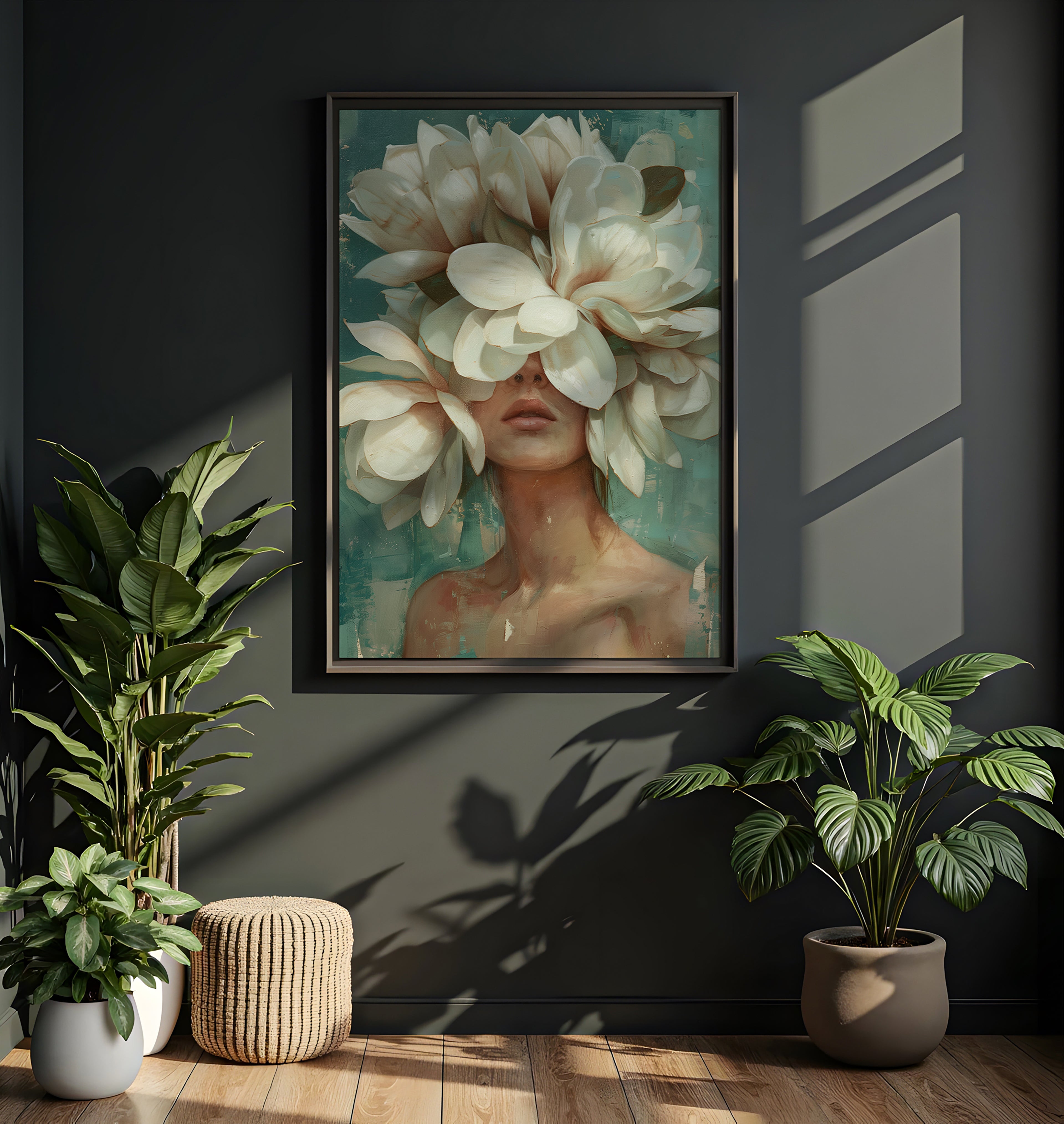 Botanical wall art with woman and white flowers in elegant interior setting