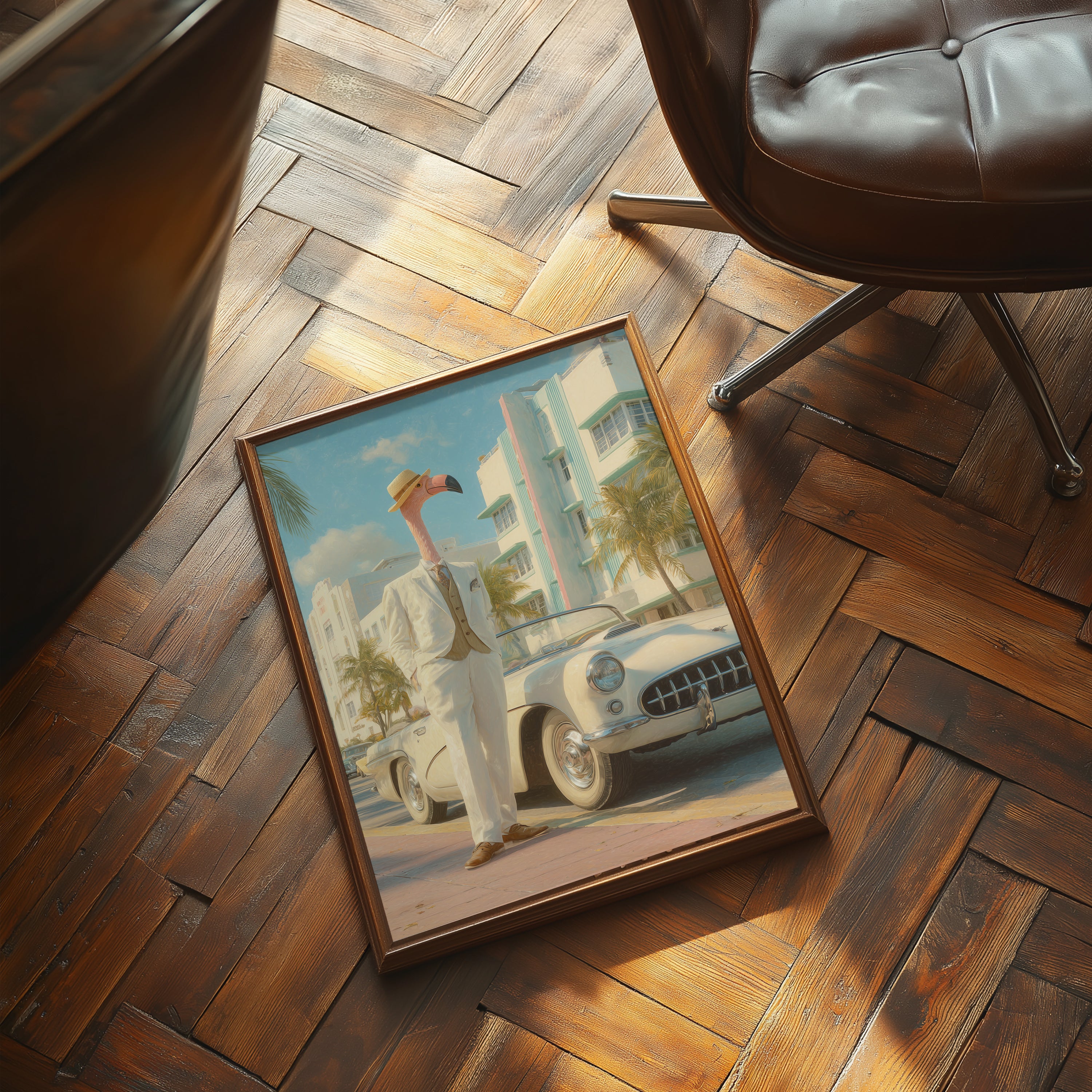 Flamingo on Ocean Drive Poster – Miami Retro Wall Art, Art Deco Print