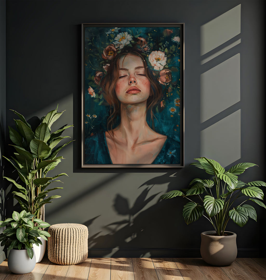 Botanical wall art - Serene woman with floral elements in peaceful interior setting
