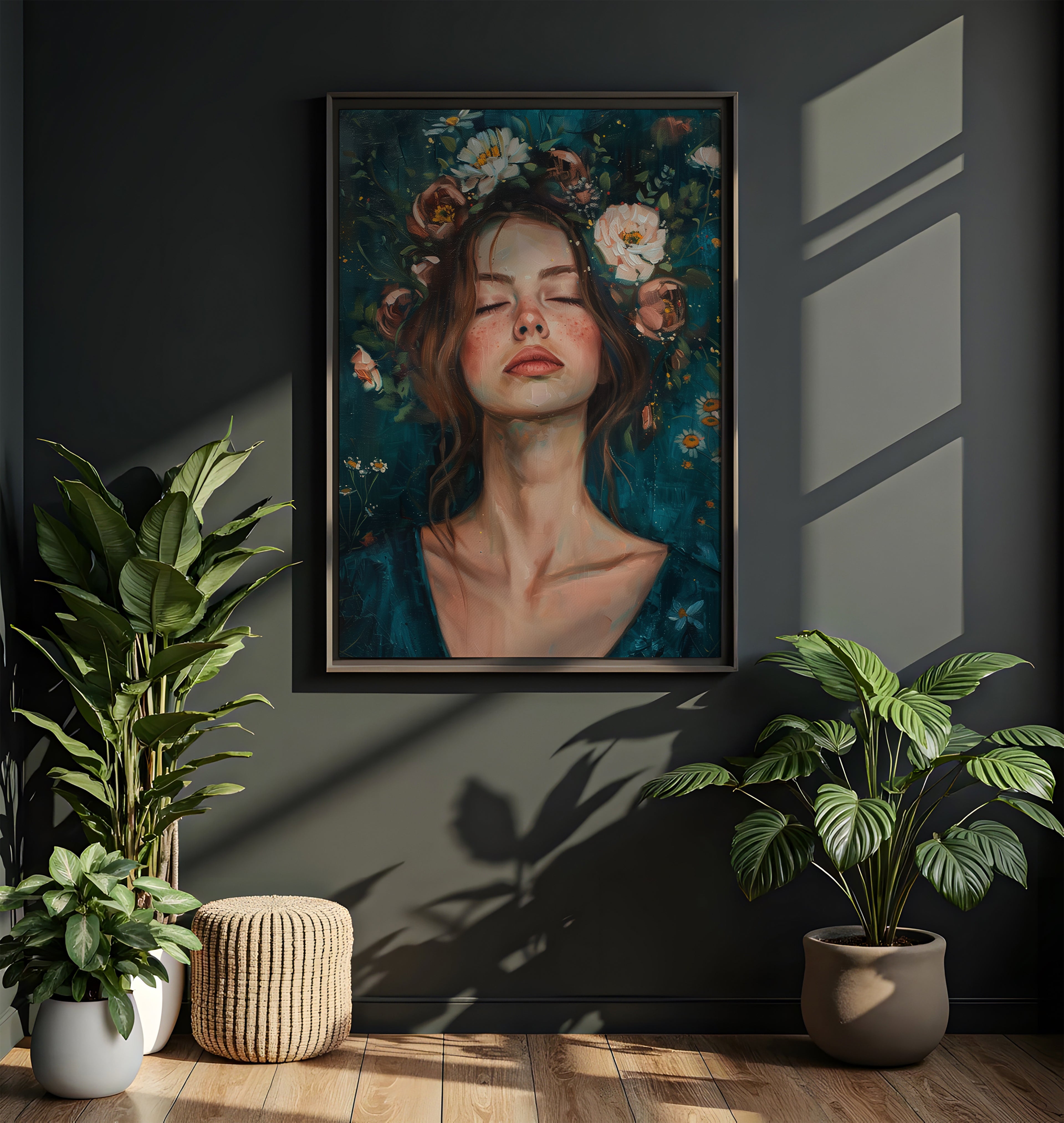Botanical wall art - Serene woman with floral elements in peaceful interior setting