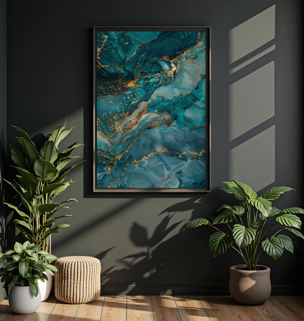 Marble wall art - Abstract teal and gold mineral texture in modern interior setting