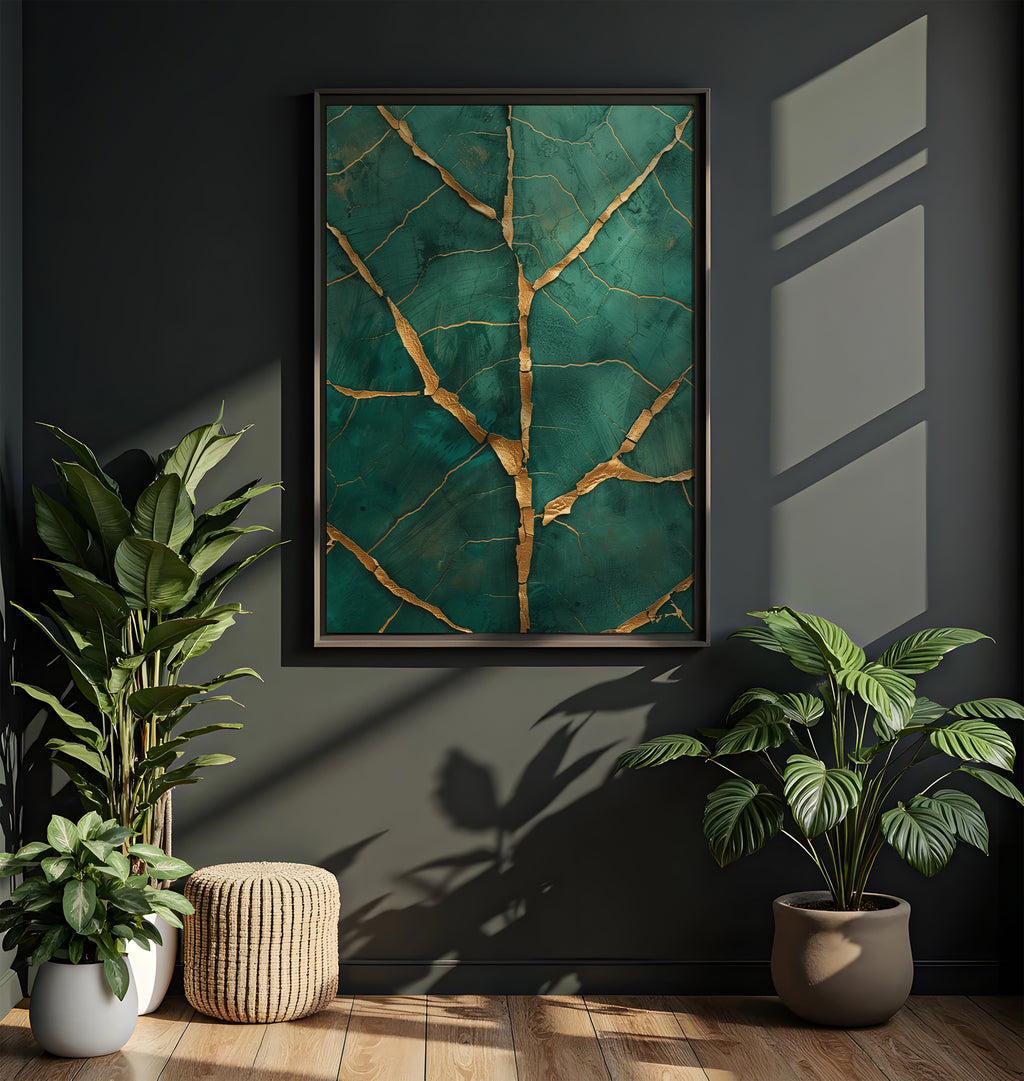 Emerald wall art - Japanese kintsugi style with gold and teal cracked patterns in modern interior