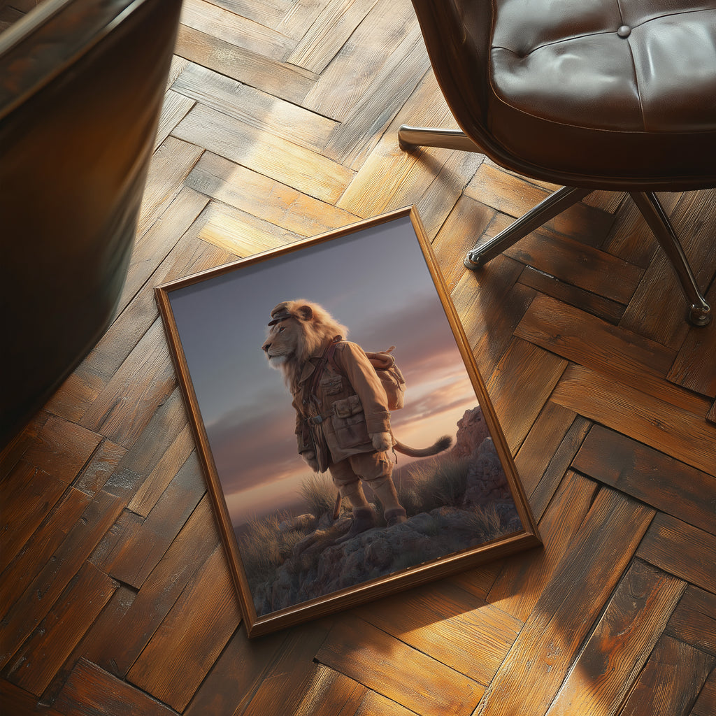 Regal Lion in Africa – Animal Portrait Explorer Wall Art, Colonial Style Wildlife Print