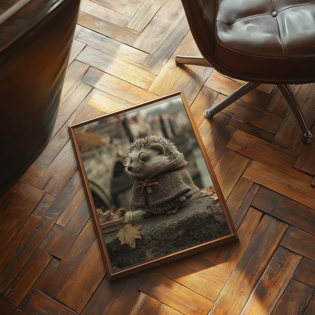 Hedgehog Philosopher Poster – Autumn Animal Print, Bookish Woodland Wall Art