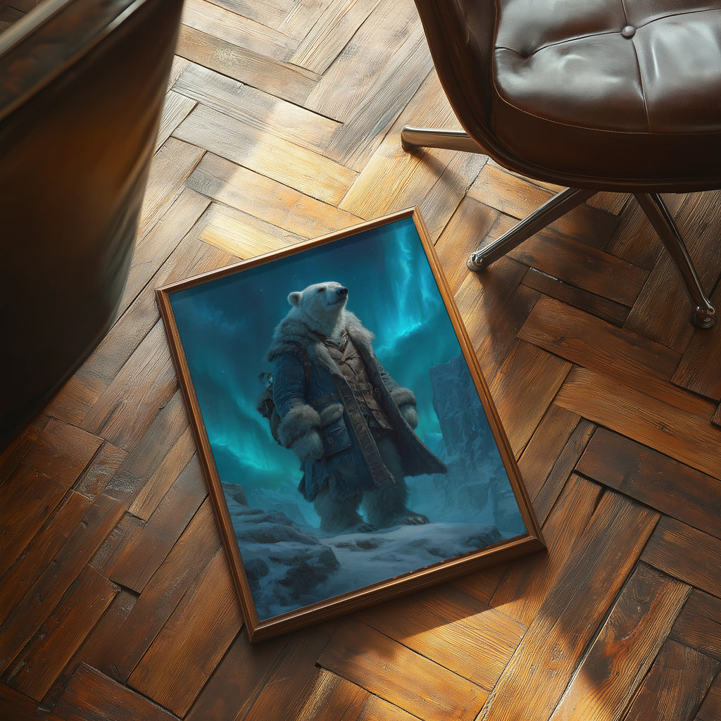 Polar Bear Explorer Print: Arctic Animal Art, Aurora Borealis Fantasy