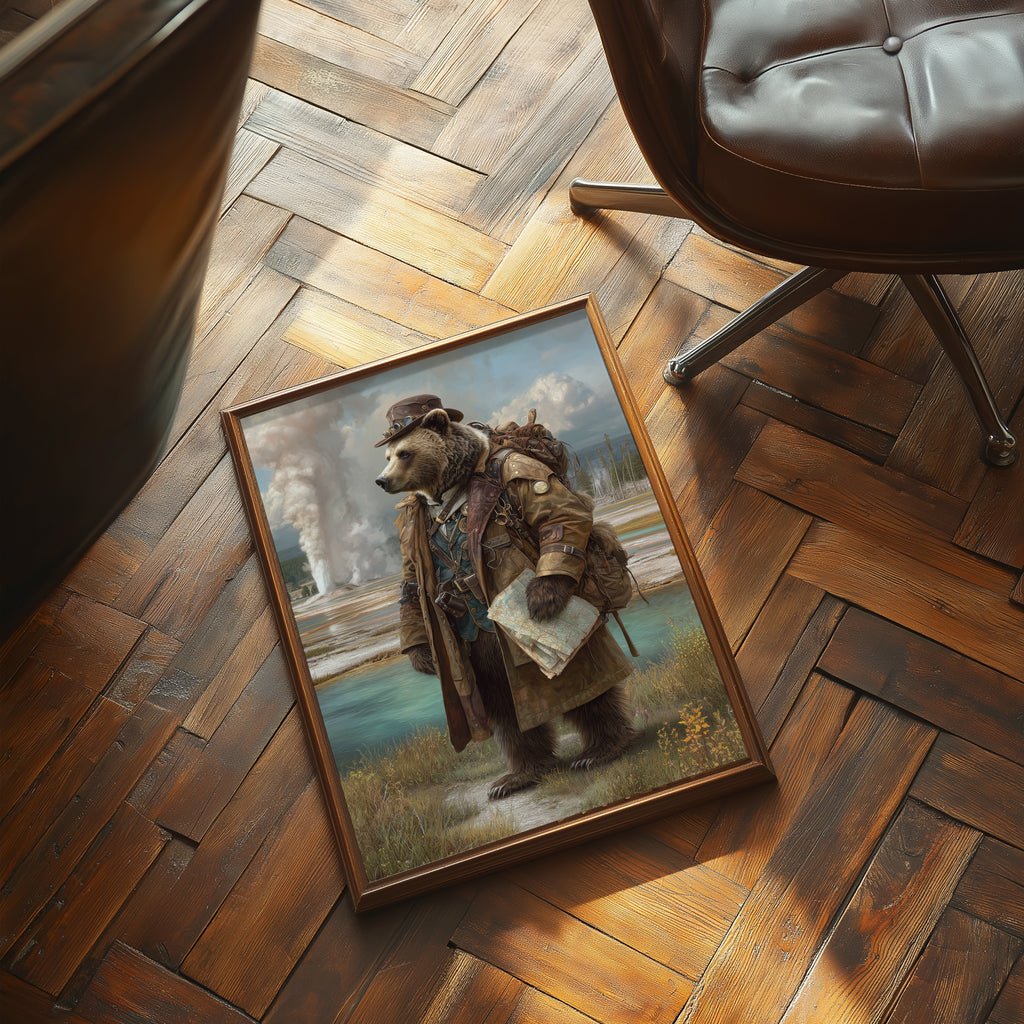 Grizzly Explorer Poster – Steampunk Bear Wall Art, Wilderness Adventure Animal Print