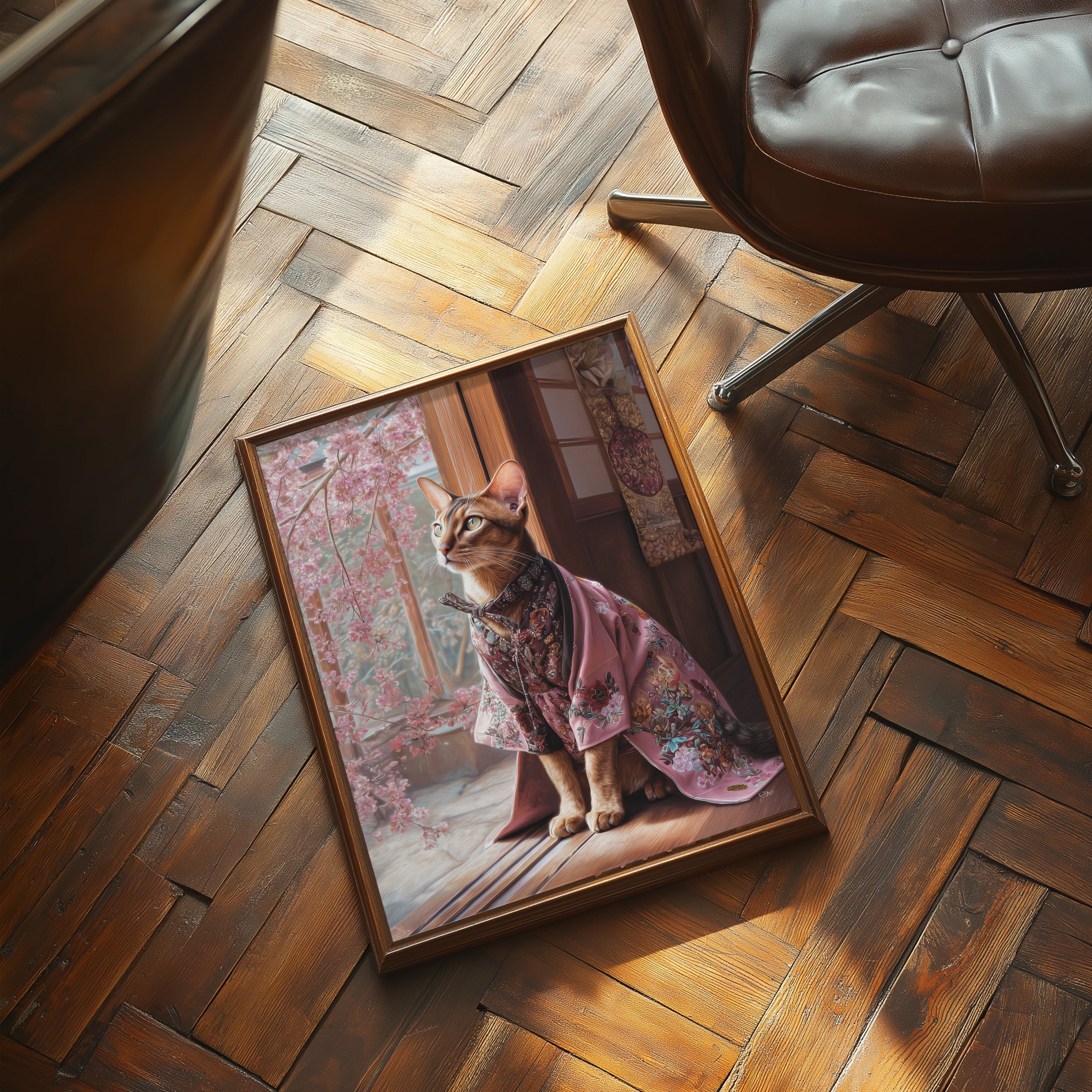 Kimono Cat Poster – Japanese Animal Print, Cherry Blossom Wall Art, Elegant Feline Decor