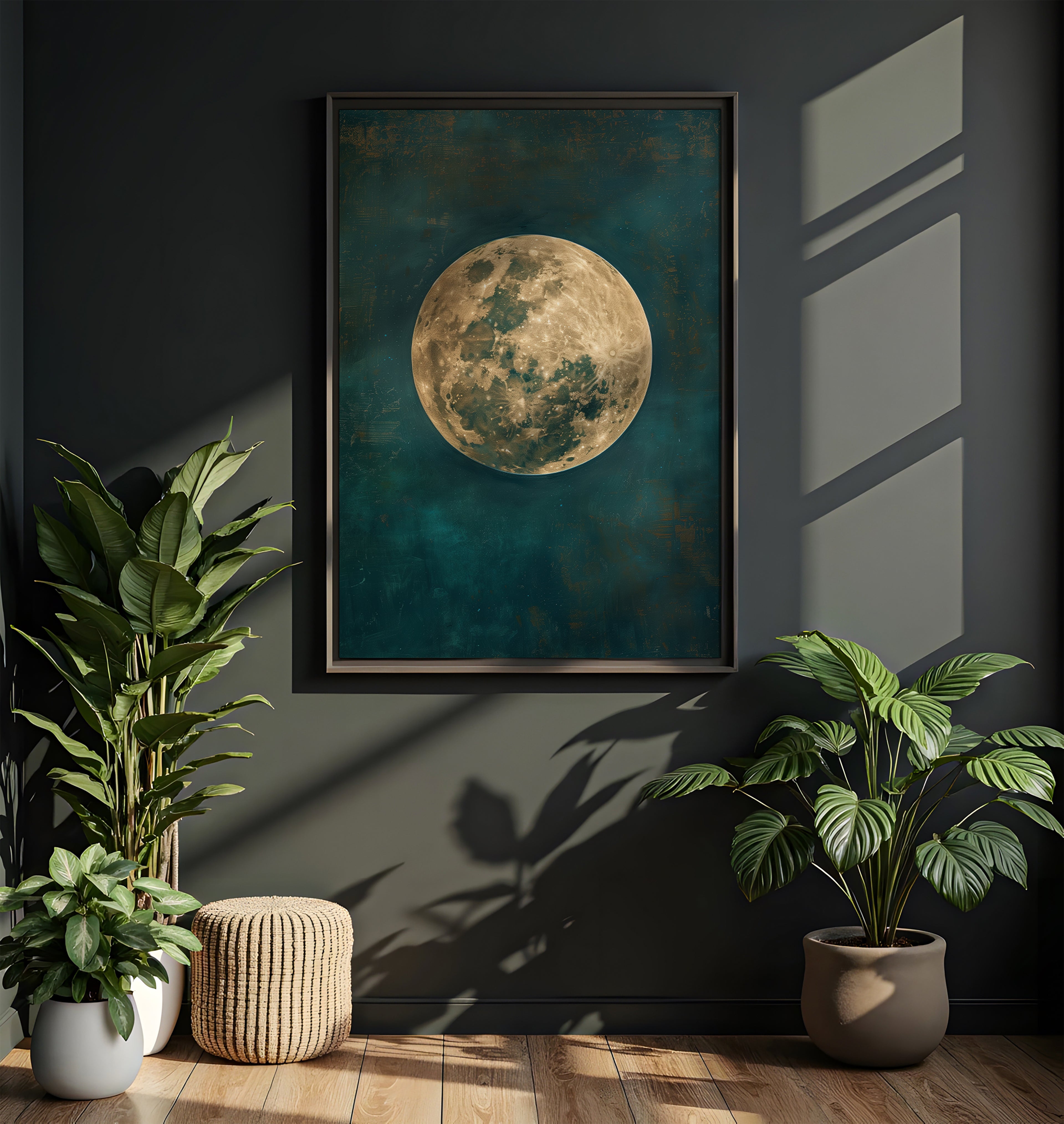 Moon wall art - Luminous full moon celestial print in modern bedroom interior