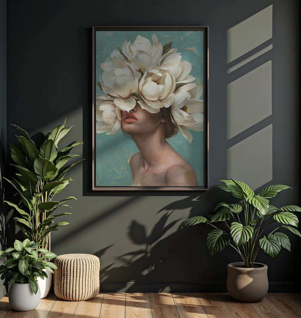 Botanical wall art - Woman portrait with white flower crown in elegant interior