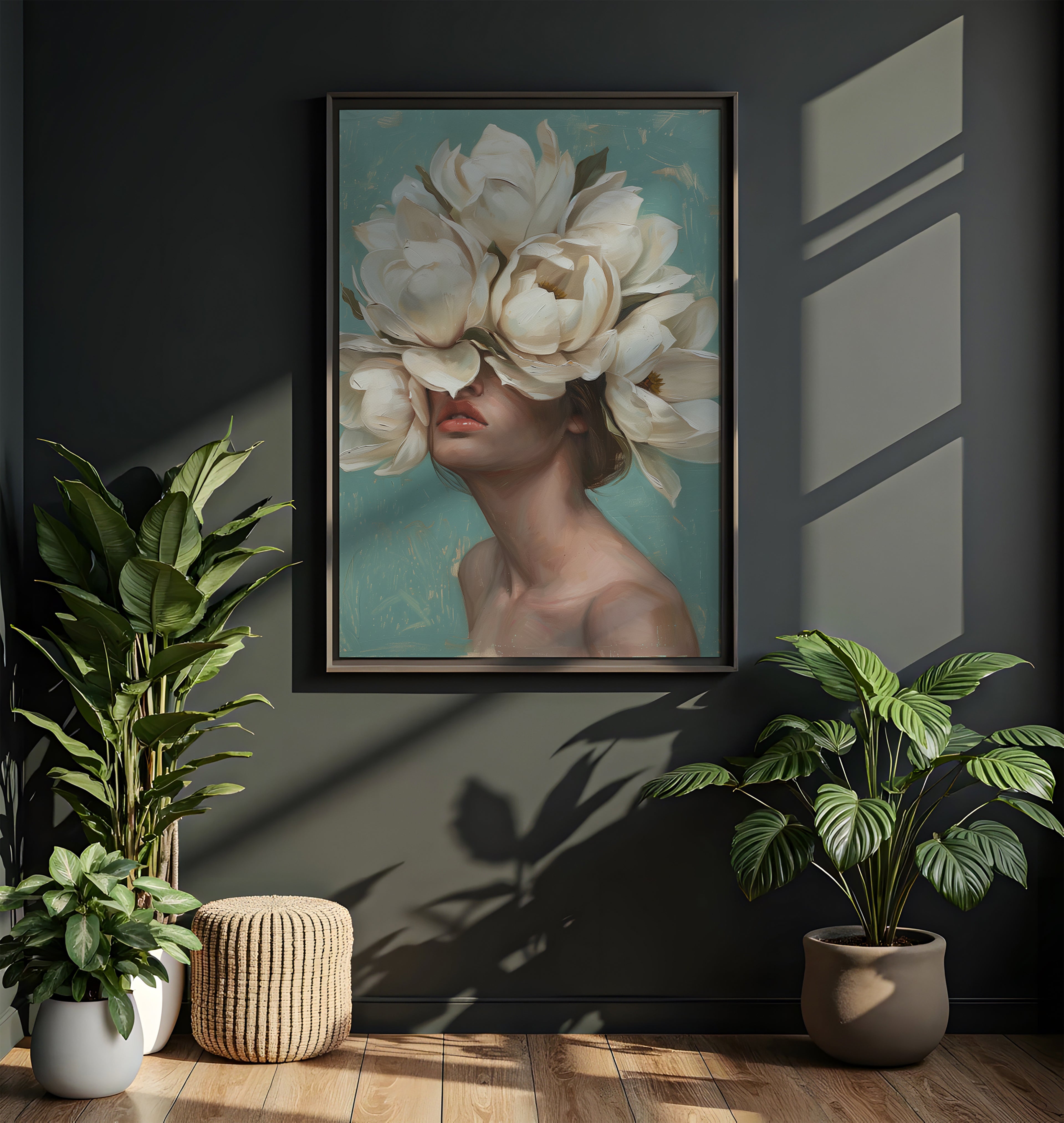 Botanical wall art - Woman portrait with white flower crown in elegant interior