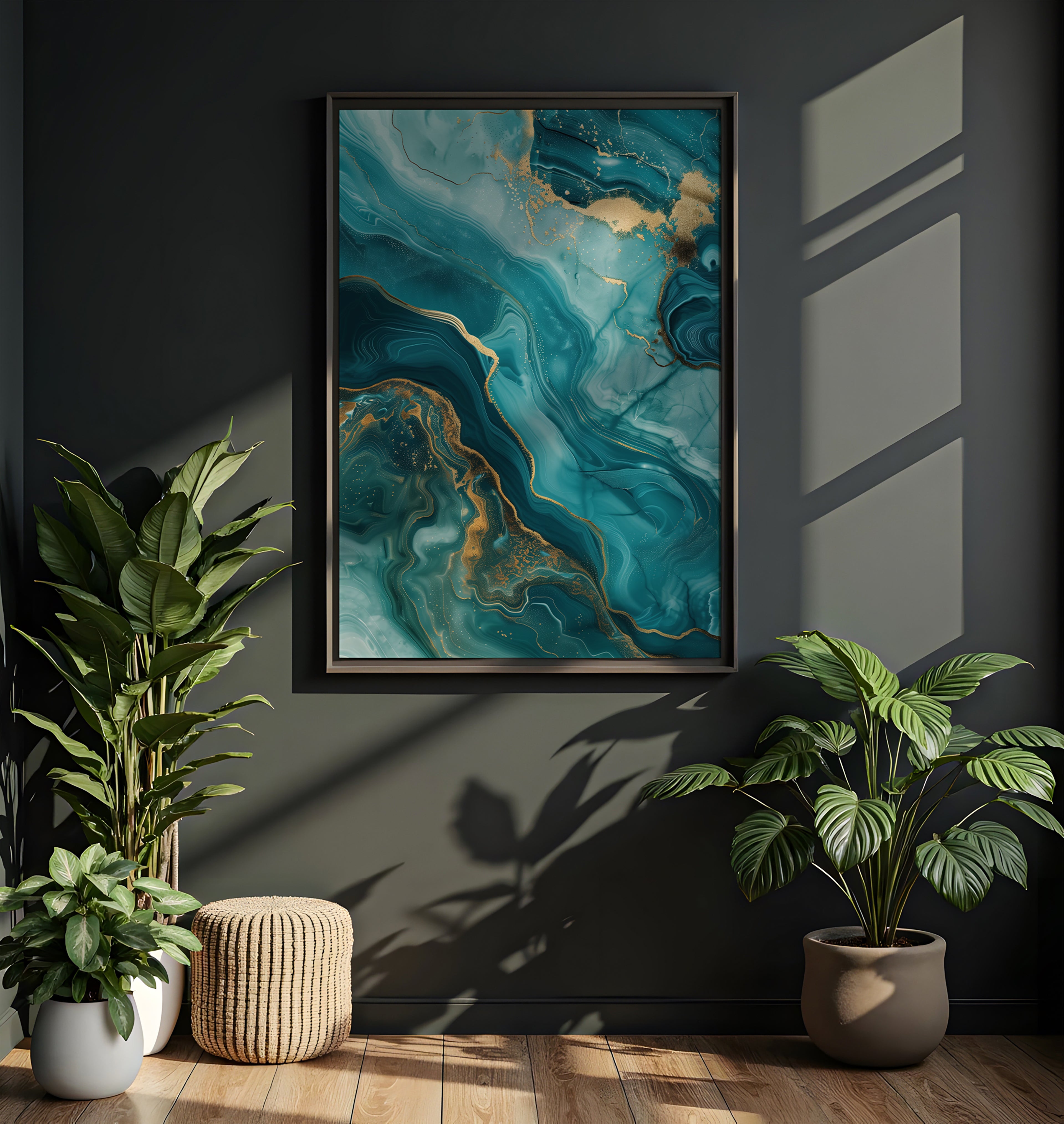 Ocean wall art - Abstract teal and gold fluid art in modern interior setting