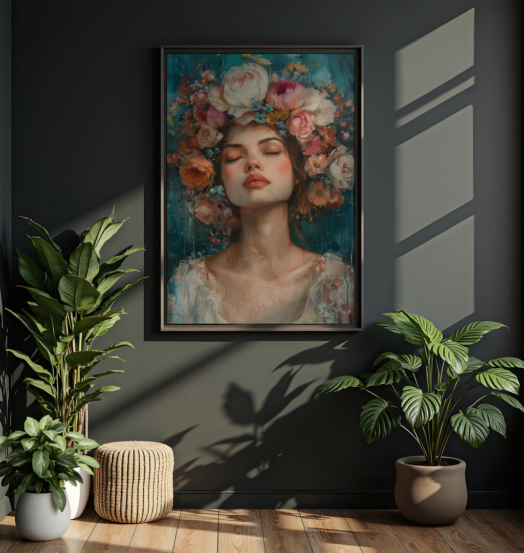 Floral wall art - Romantic woman portrait with pink flower crown in a serene setting