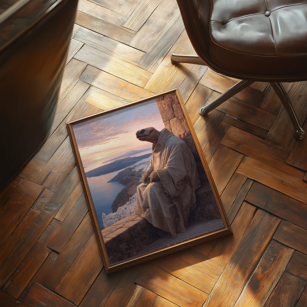 Meditative Turtle Poster – Greek Island Animal Print, Santorini Wall Art, Peaceful Fantasy Illustration