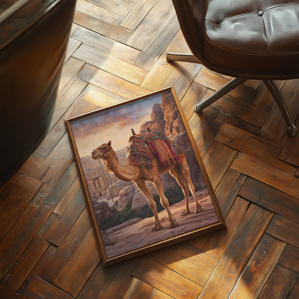 Royal Camel Poster – Desert Animal Art Print, Petra Inspired Wall Decor, Arabian Fantasy Illustration