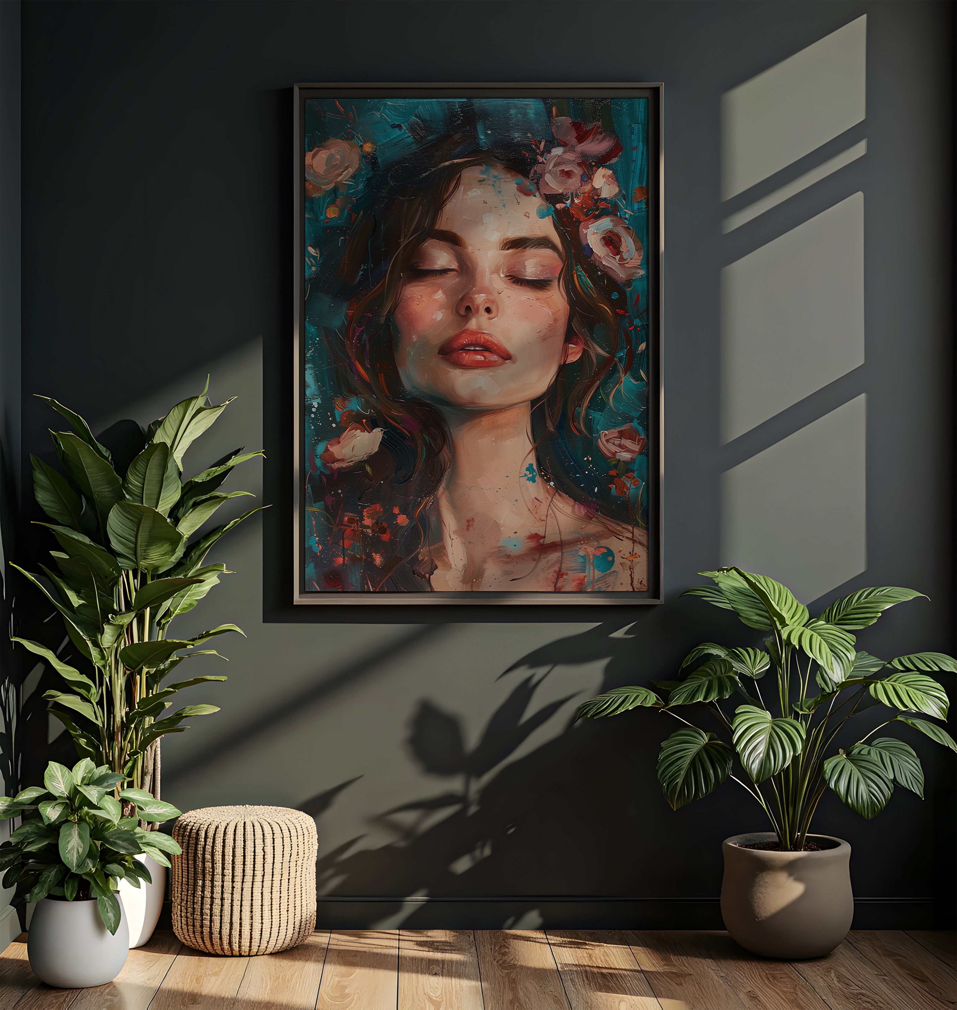 Teal wall art - Contemporary portrait with textured paint and floral details in modern interior
