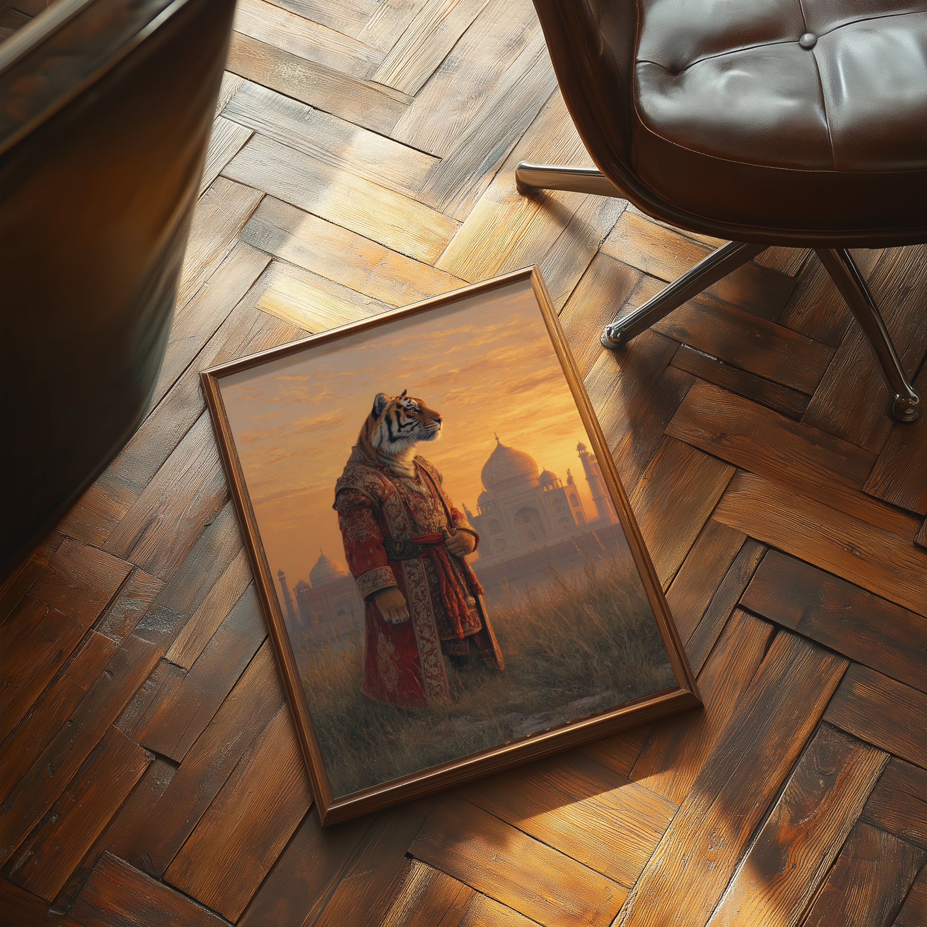 Regal Tiger Poster – Anthropomorphic Animal Art Print, Jungle Decor, Taj Mahal Fantasy Wall Art