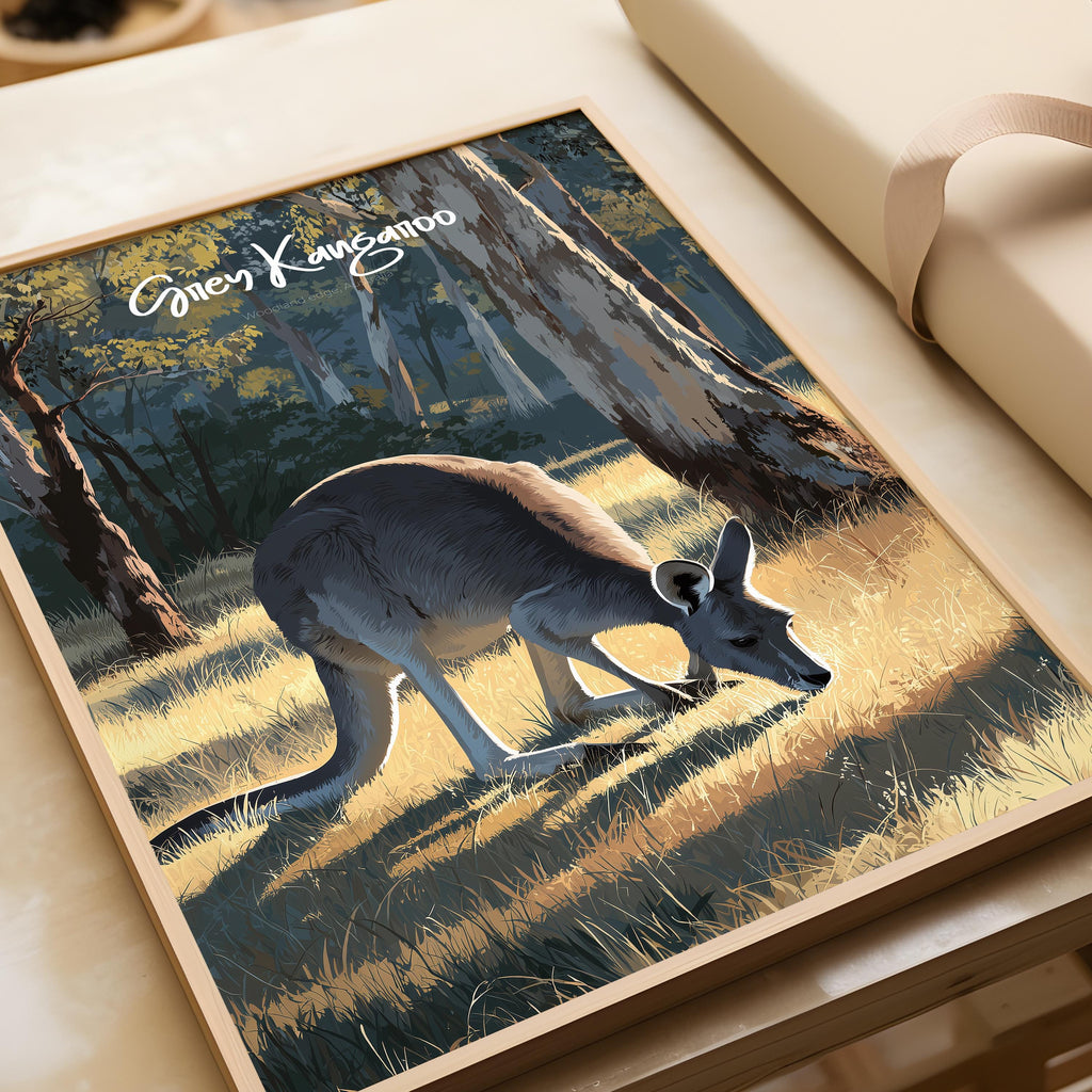 Grey Kangaroo Framed Poster: Australian Animal Nursery Decor