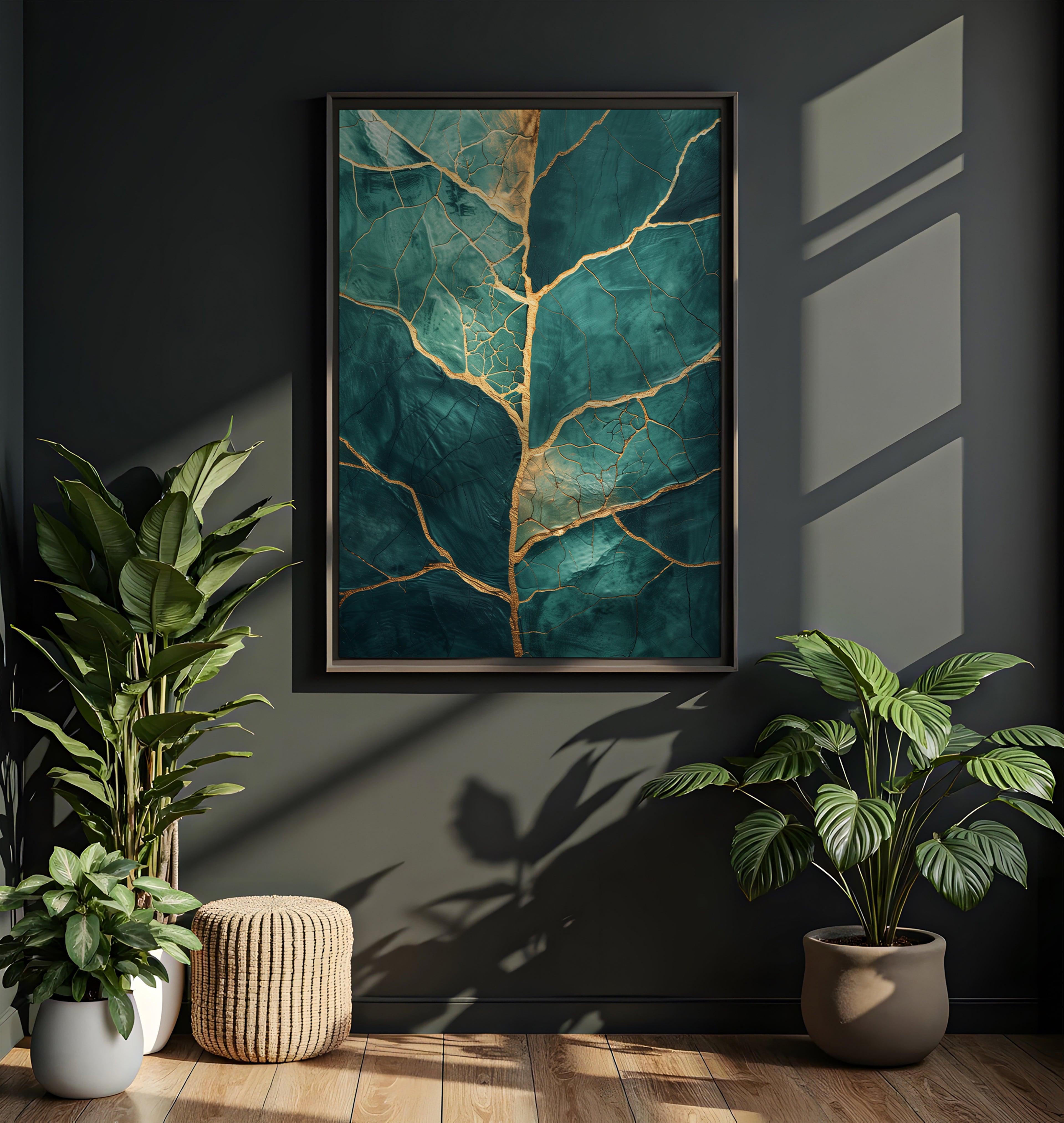 Gold Kintsugi Wall Art featuring abstract teal background with golden vein patterns in a stylish home setting.