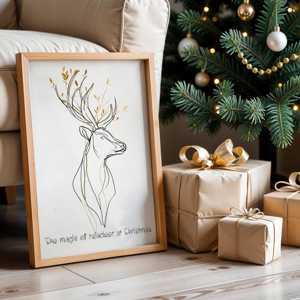 Minimalist Reindeer Christmas Poster – Elegant Black & Gold Holiday Wall Art