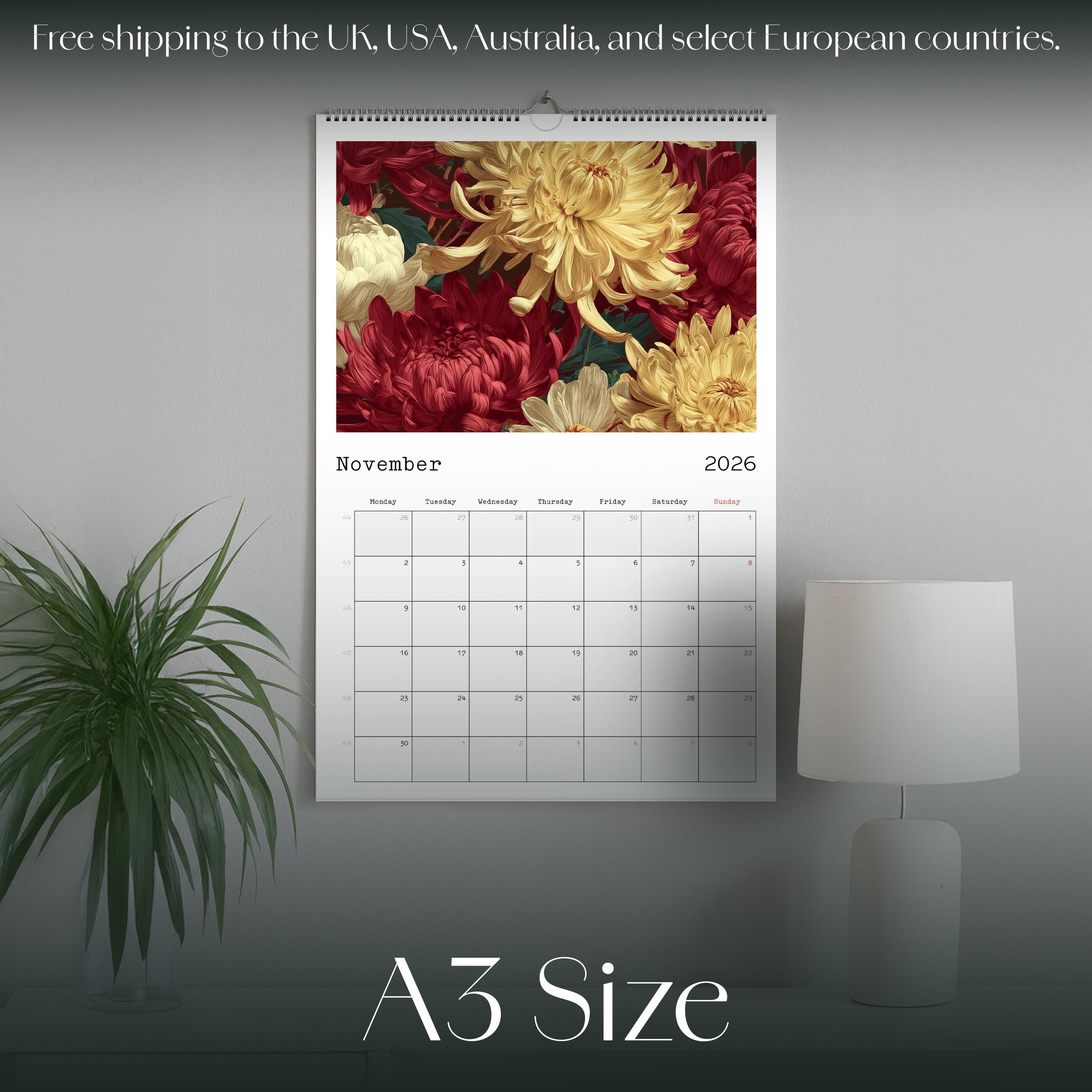 2026 Floral Wall Calendar A3: Botanical Art Print, Nature Home Decor