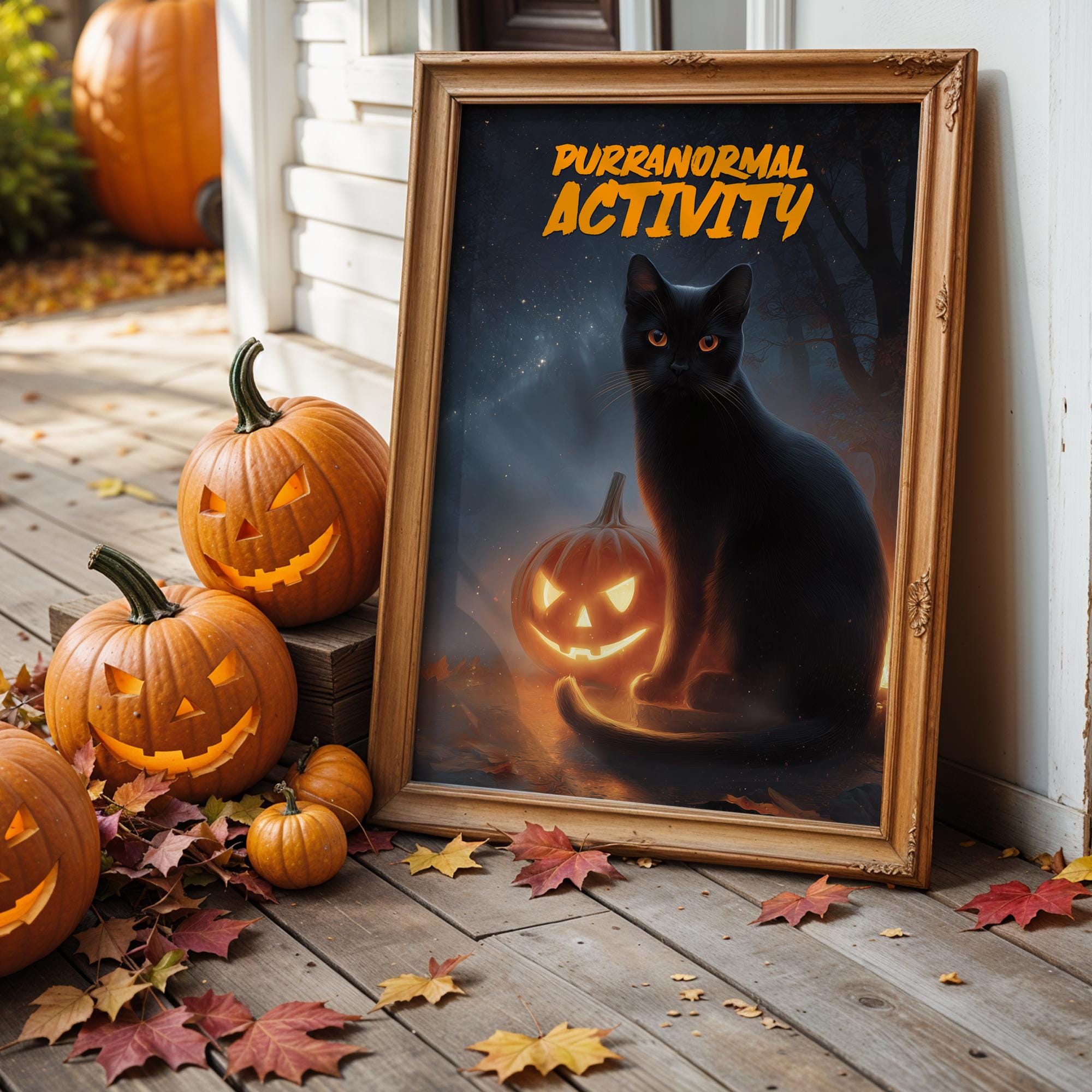 Black Cat Halloween Poster – Funny Purranormal Activity Wall Art with Pumpkin Lantern