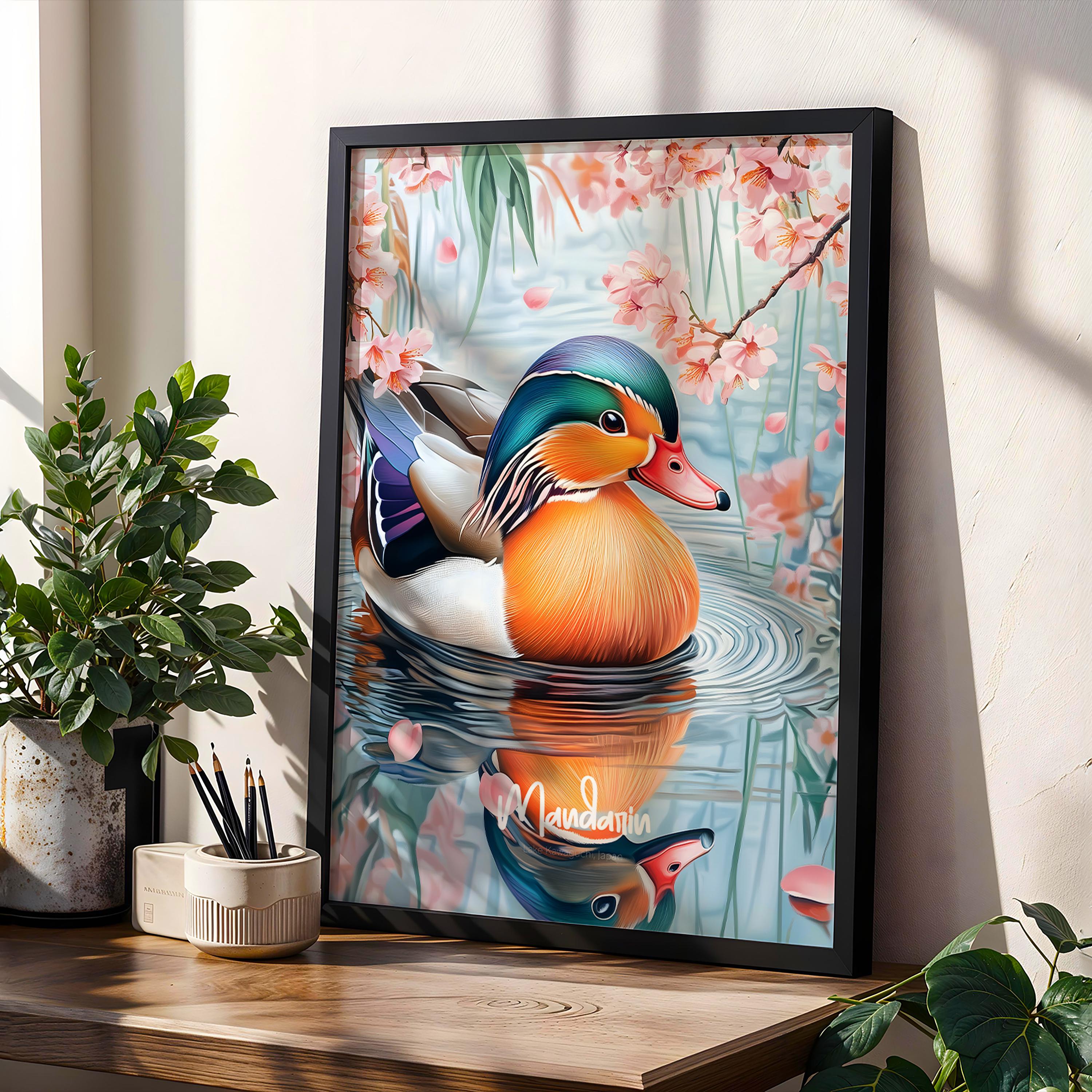 Mandarin Duck Framed Poster: Vibrant Wildlife Illustration, Nature Home Decor