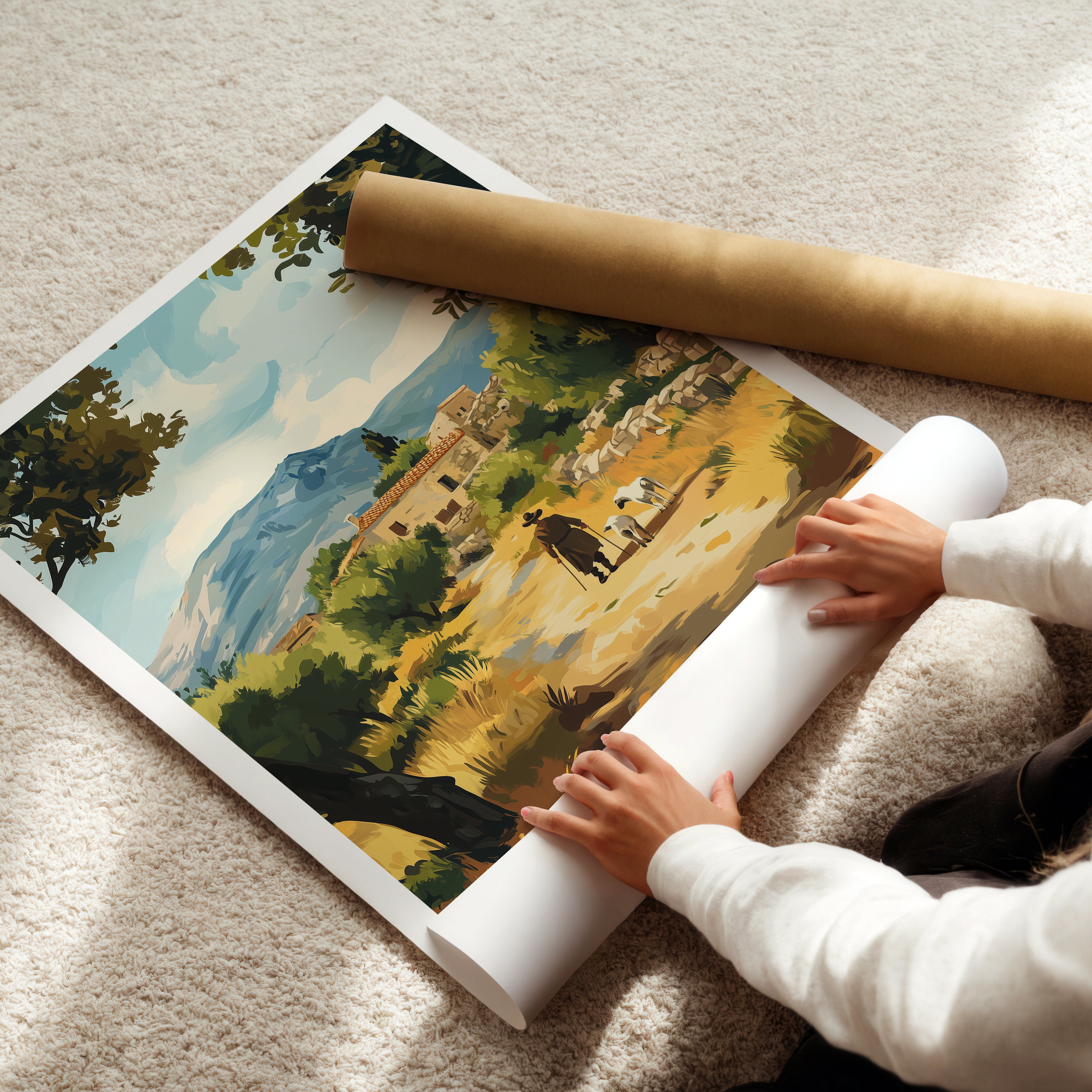 Greece Travel Poster: Mediterranean Village Landscape Illustration Art