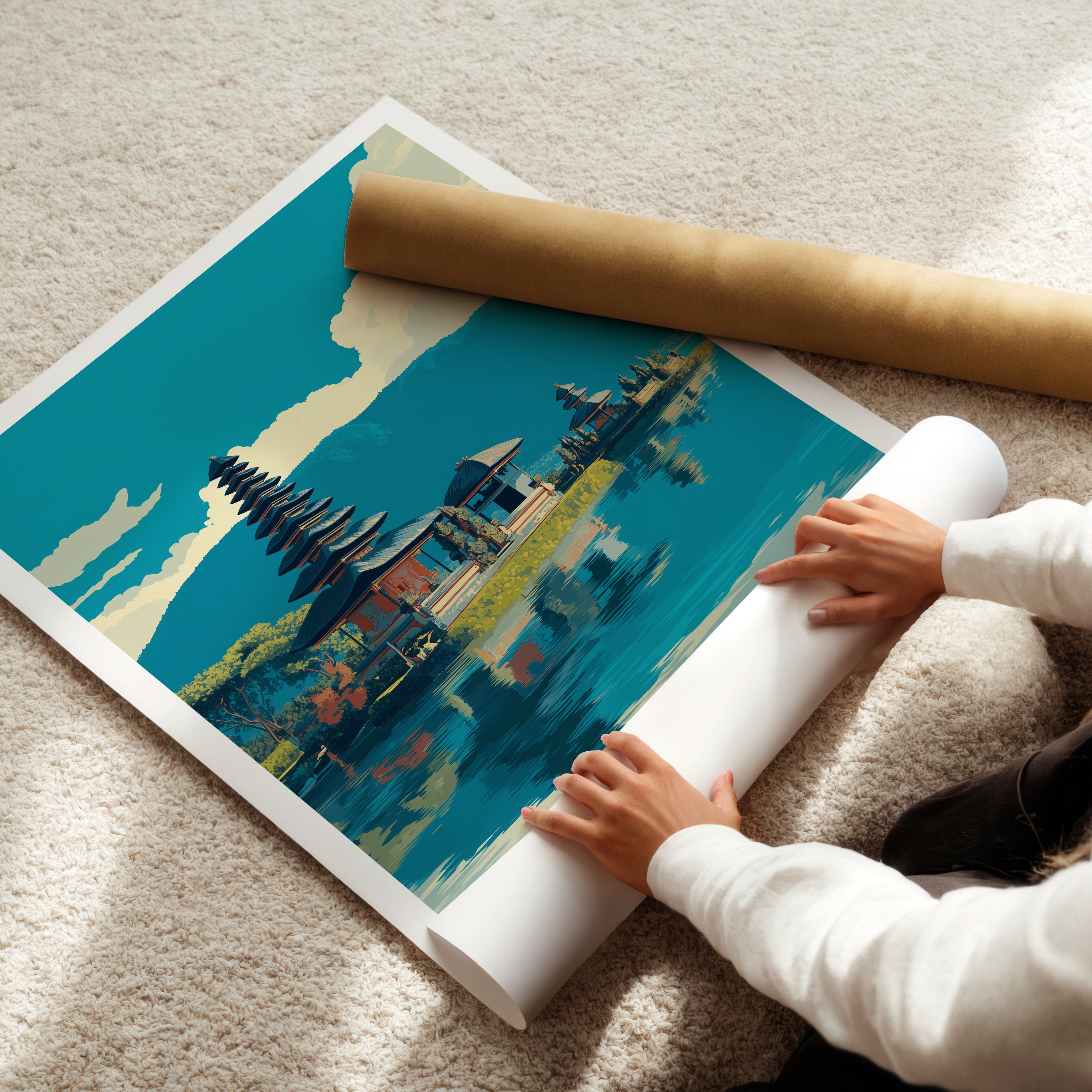 Bali Travel Poster: Ulun Danu Beratan Temple Print, Indonesia Wall Art