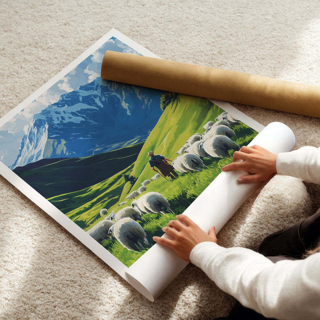 New Zealand Travel Poster: Mountain Landscape Sheep Illustration Art