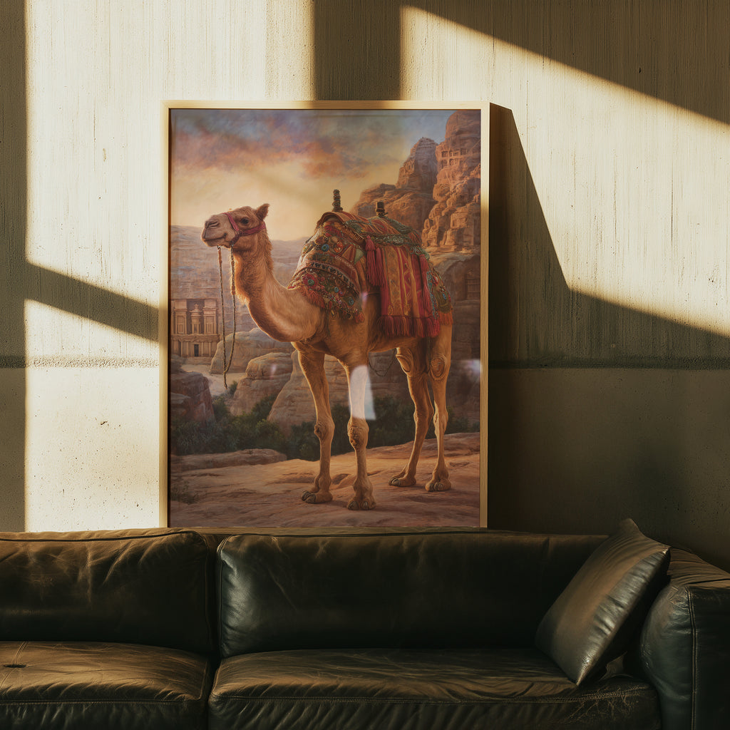 Royal Camel Poster – Desert Animal Art Print, Petra Inspired Wall Decor, Arabian Fantasy Illustration