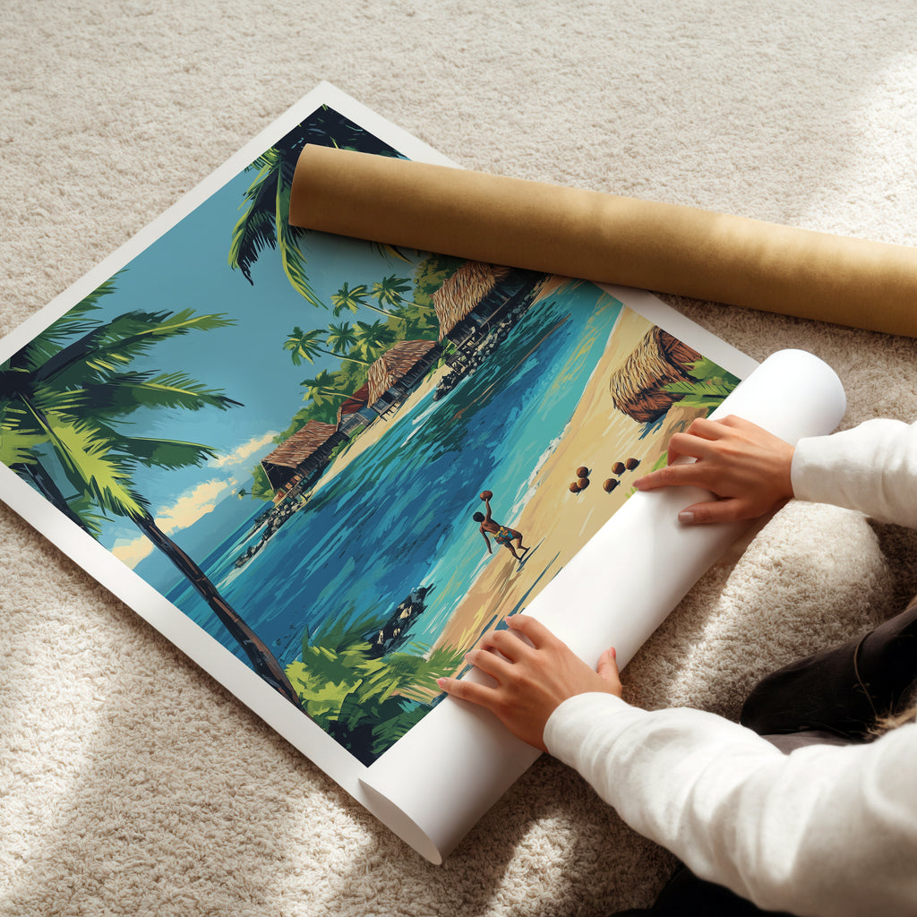 Fiji Travel Poster: Tropical Island Village Illustration Art