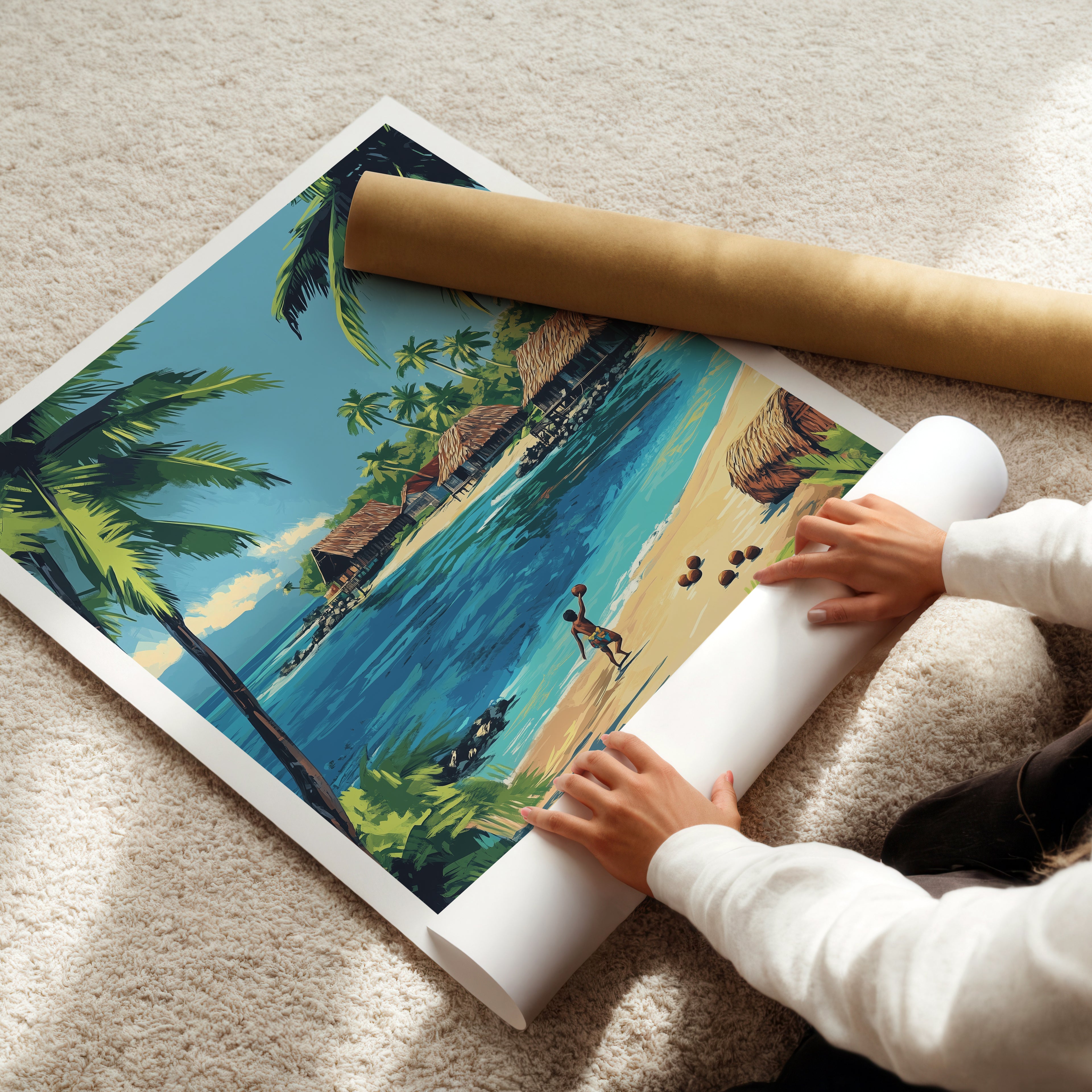 Fiji Travel Poster: Tropical Island Village Illustration Art