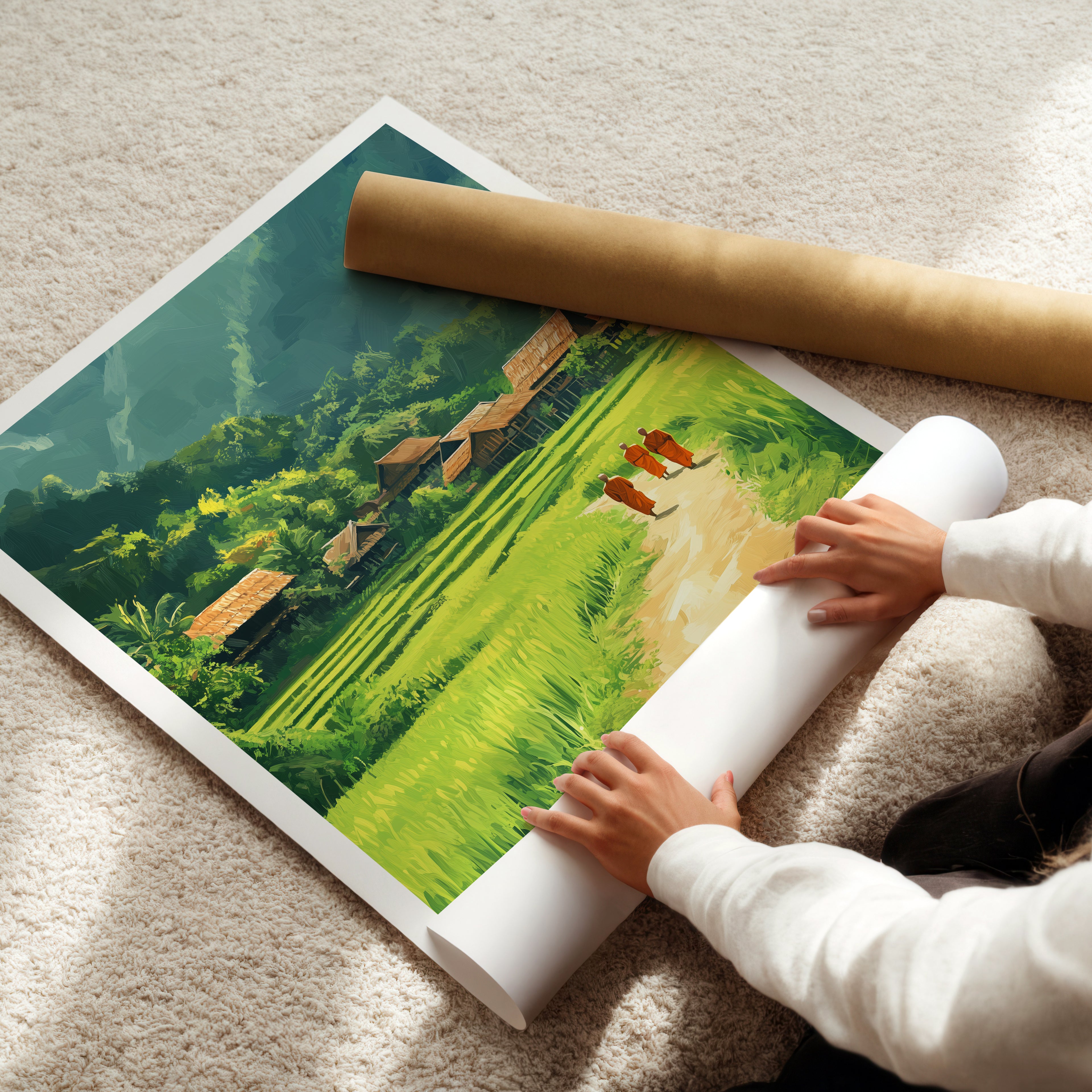 Laos Travel Poster: Rice Terrace Village Illustration Art