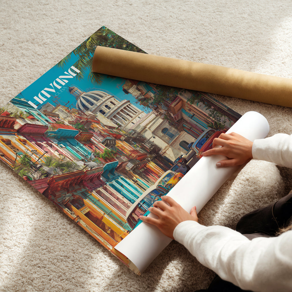 Havana poster being unrolled, showcasing vibrant Cuban architecture and colors, perfect for travel enthusiasts.